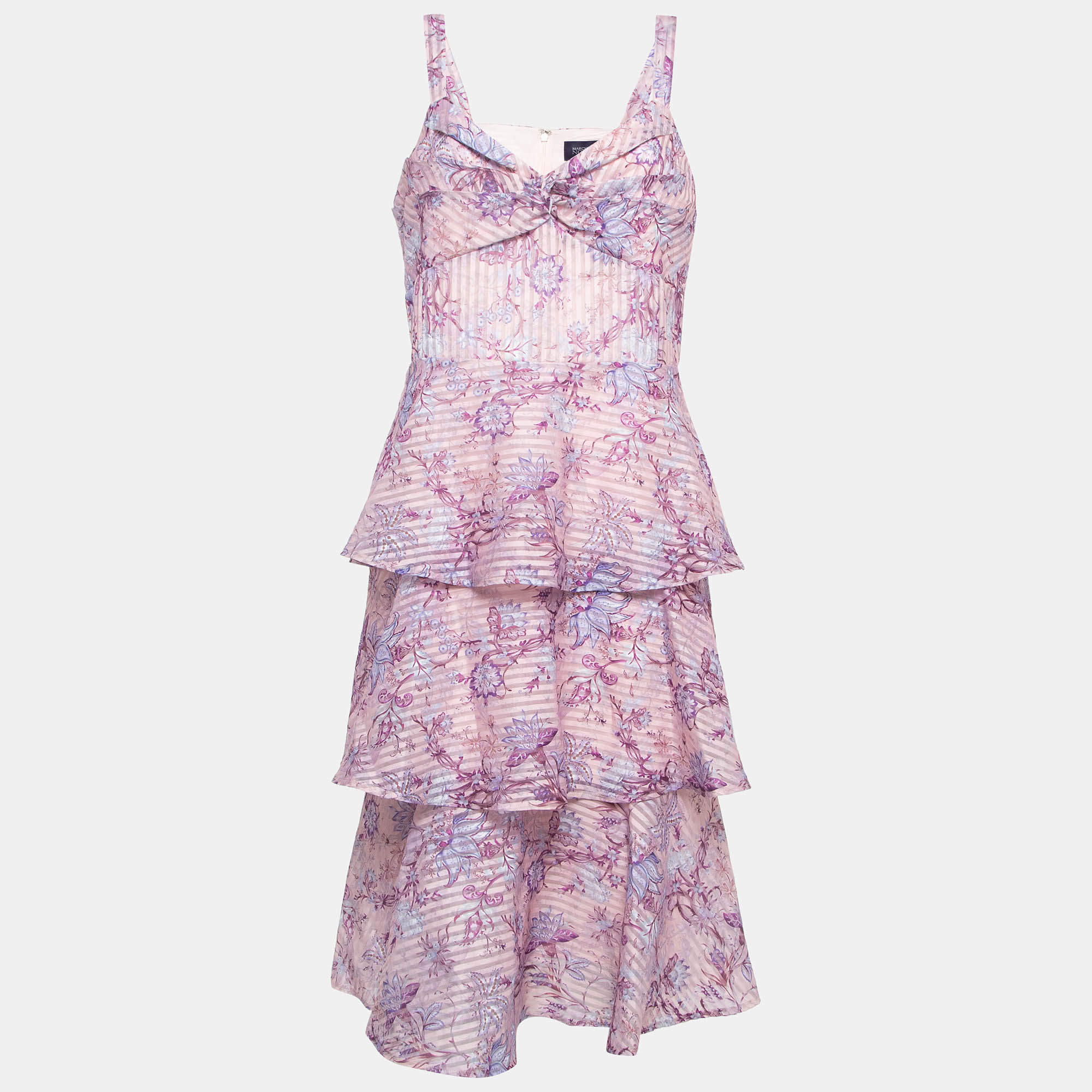 Pre Owned Notte By Marchesa Pink Floral print Crepe Tiered Midi Dress