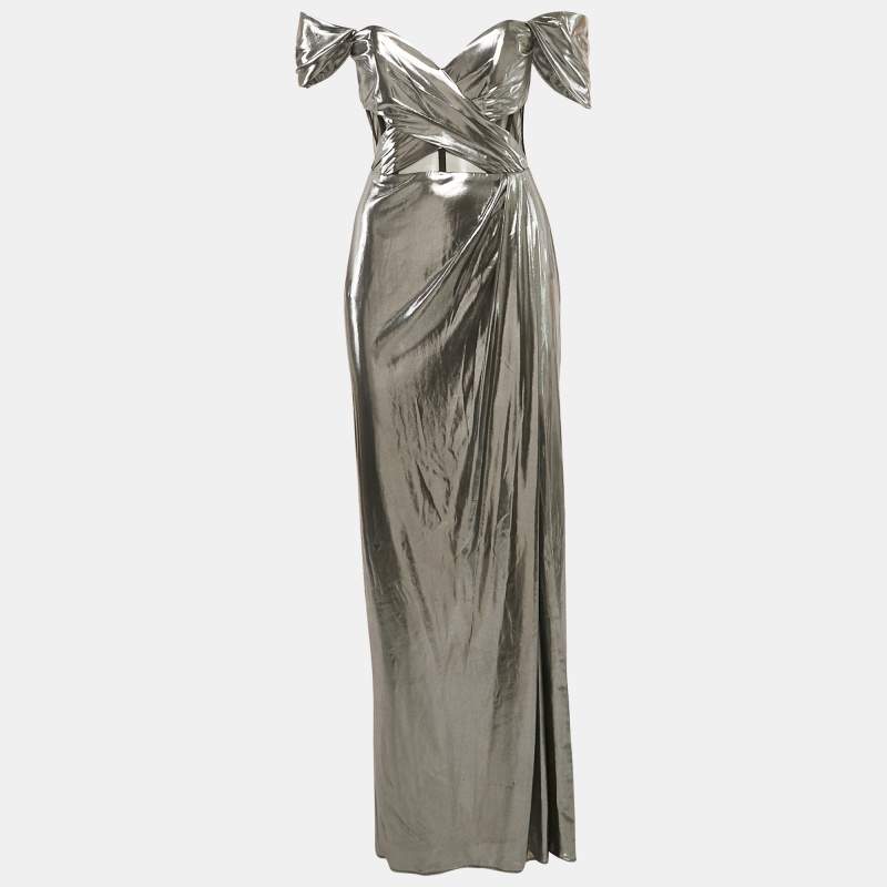 Notte By Marchesa Silver Lamé Jersey Off-Shoulder Corset Maxi Dress M