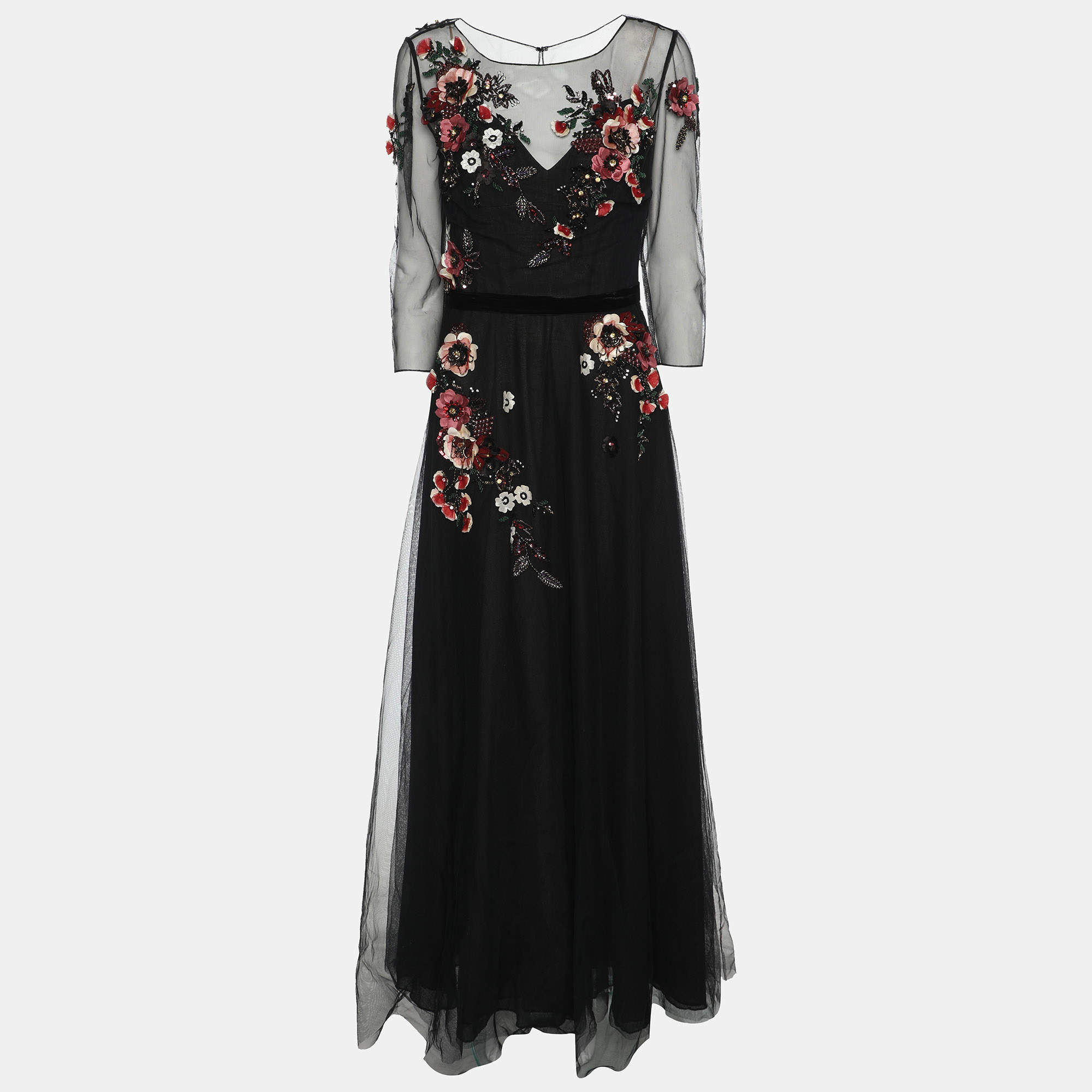 Pre Owned Notte By Marchesa Black Mesh Embellished Maxi Dress S