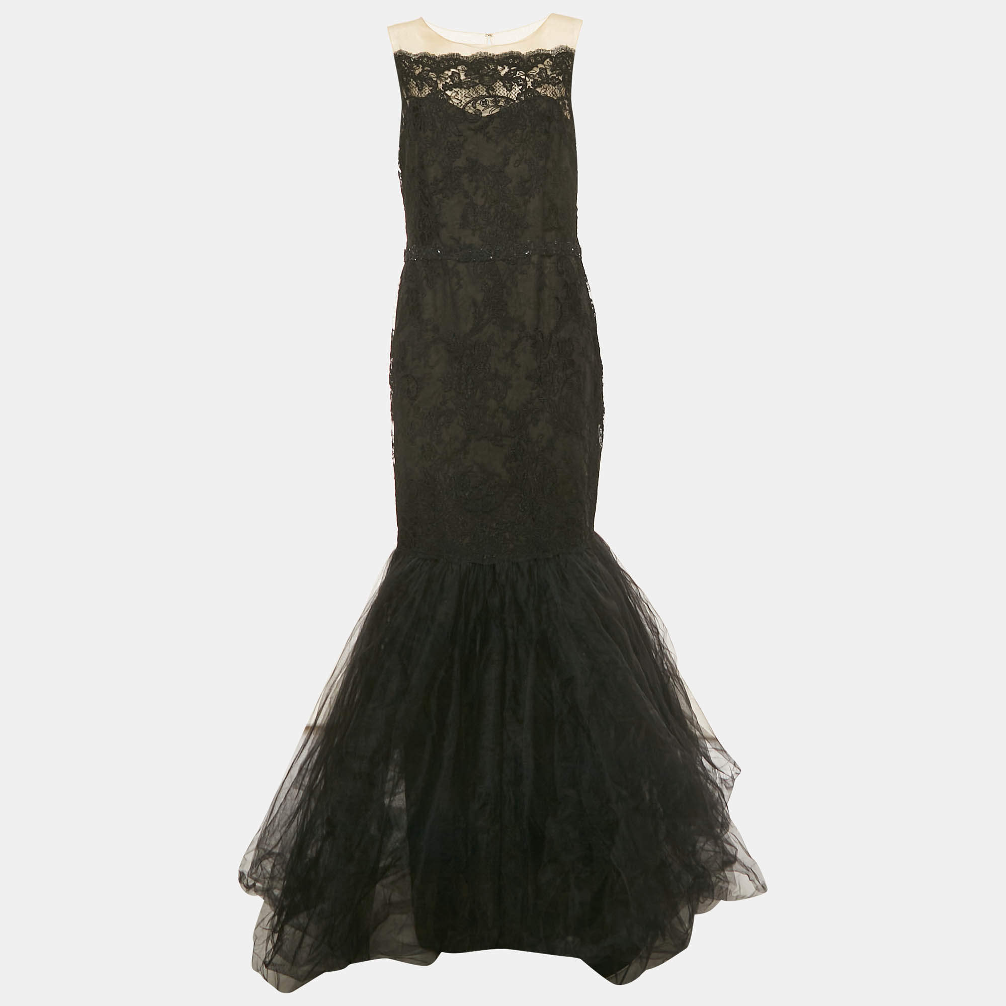 Pre Owned Notte By Marchesa Black Embroidered Tulle Mermaid Gown XL