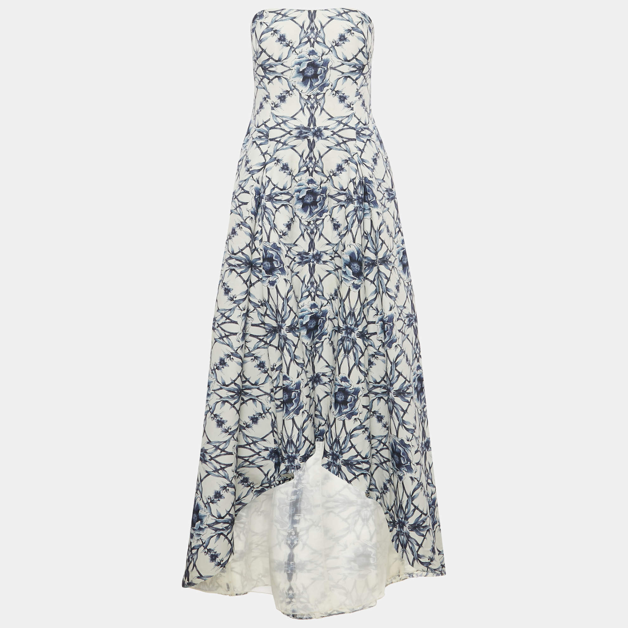 Pre Owned Notte By Marchesa White Floral Print Cotton Blend Strapless High -Low Gown M 