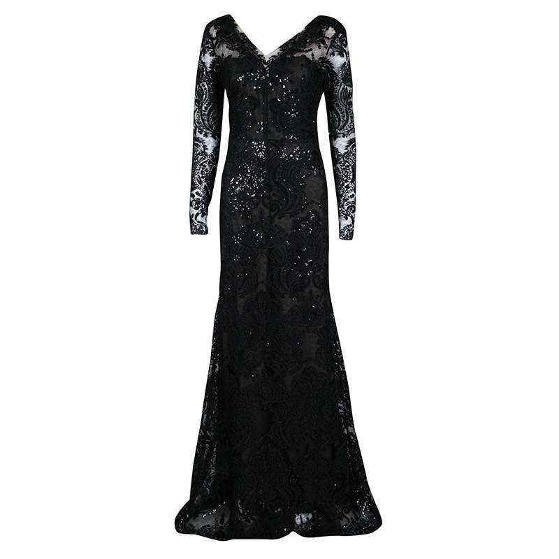 Notte By Marchesa Black Floral Applique Detail Embellished Embroidered Tulle Gown M