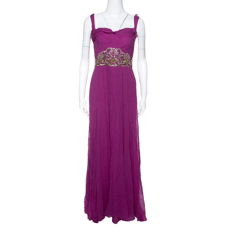 Notte By Marchesa Magenta Embellished Chiffon Draped Grecian Gown S