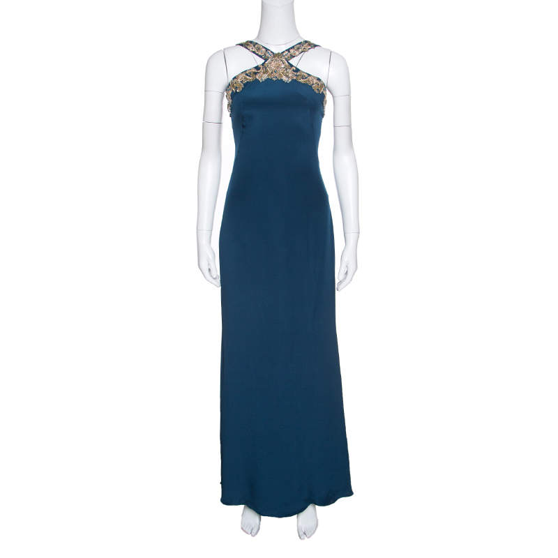 Notte by Marchesa Peacock Blue Embellished Silk Maxi Dress S