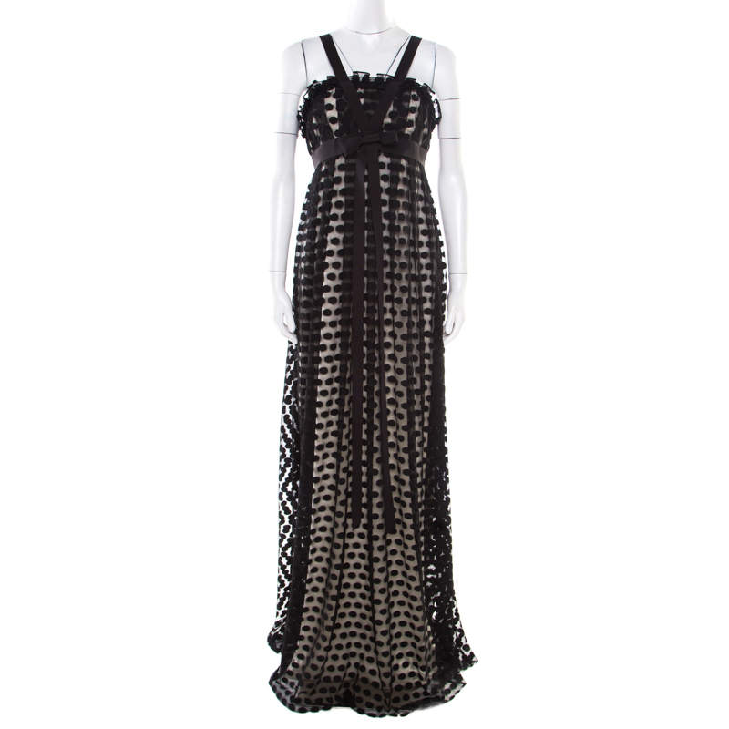Notte By Marchesa Black Polka Dotted Tulle Bow Detail Gown M