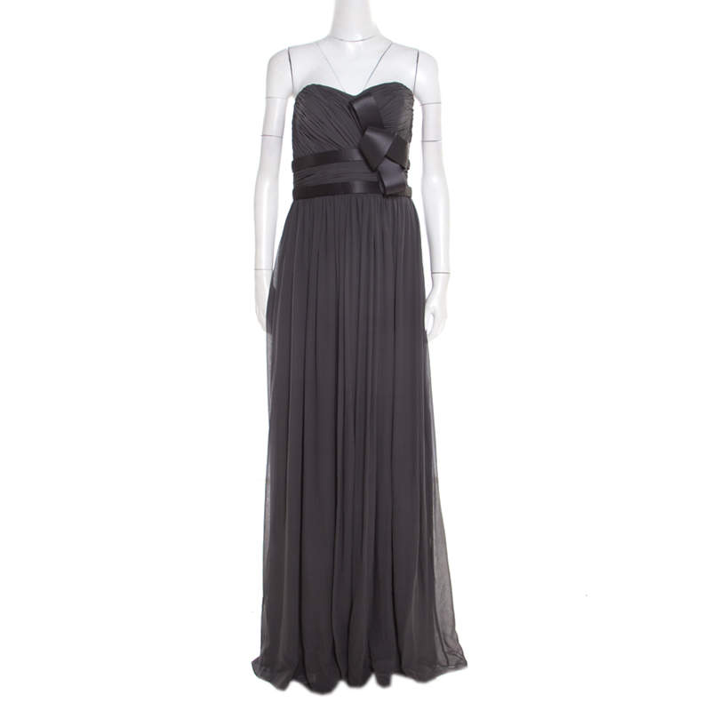 Notte by Marchesa Grey Silk Pleated Bodice Bow Detail Strapless Gown M