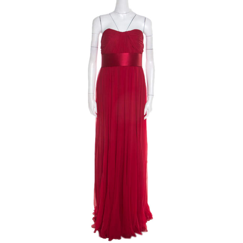 Notte By Marchesa Scarlet Silk Chiffon Pleated Bodice Strapless Gown M