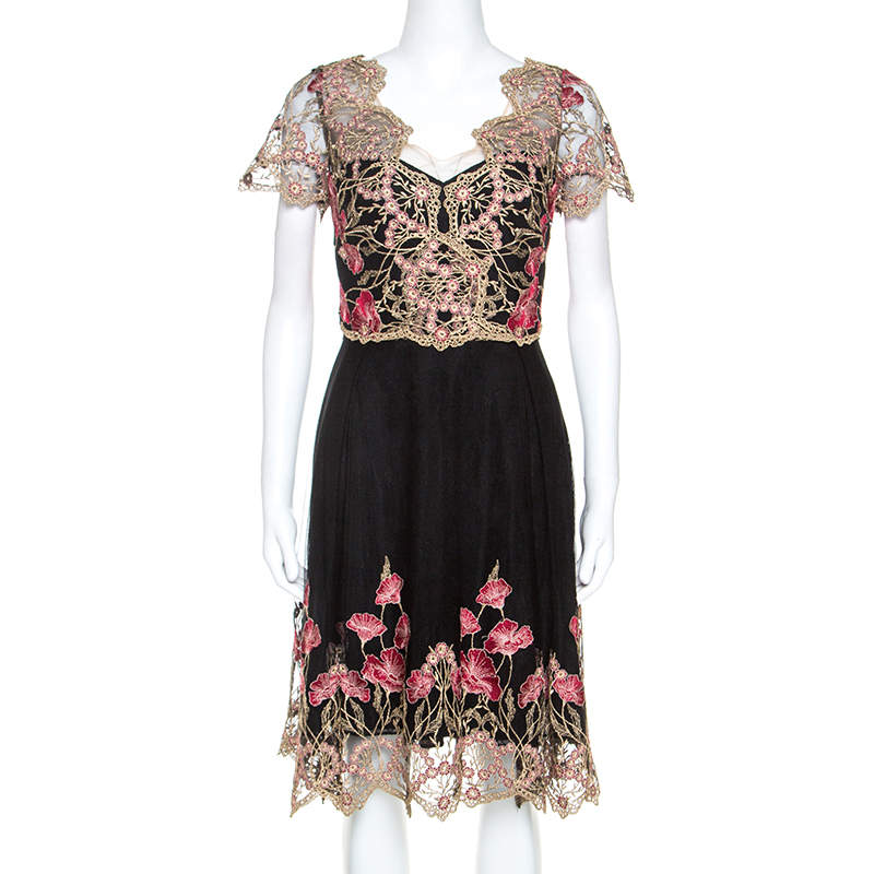 Pre Owned Notte By Marchesa Black and Gold Floral Lace Applique Dress M
