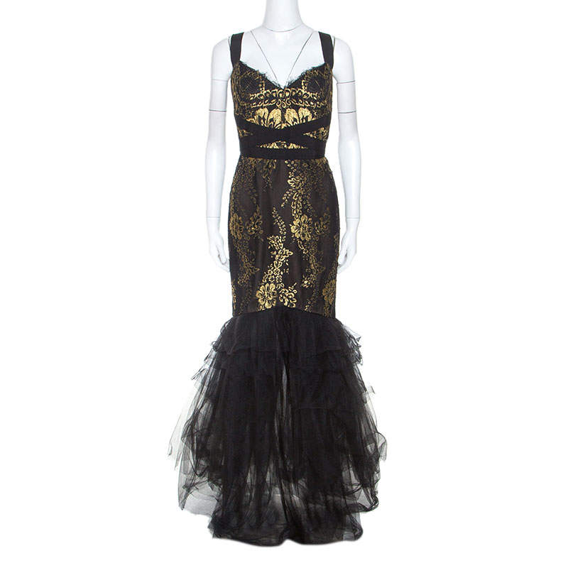 Notte By Marchesa Black and Gold Lace and Tulle Gown M