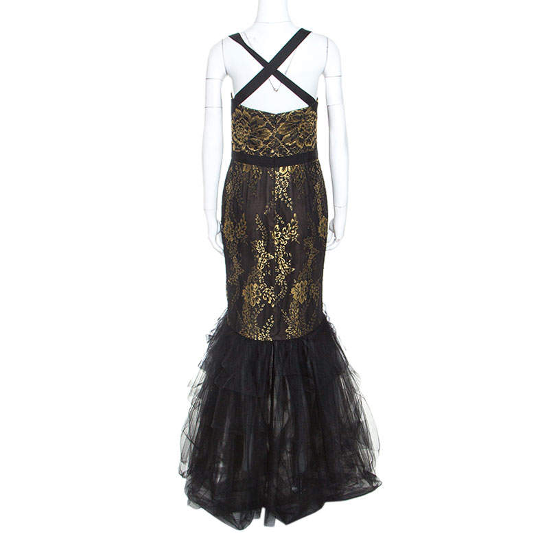 marchesa notte black and gold dress