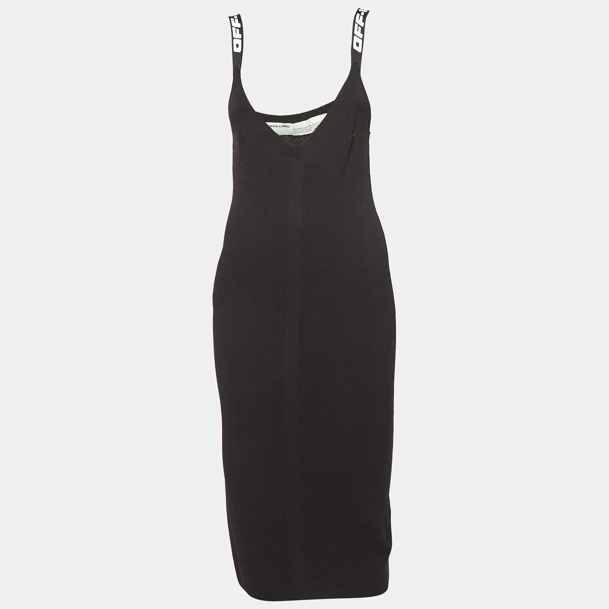 Off-White Black Rib Knit Logo Strap Fitted Short Dress M