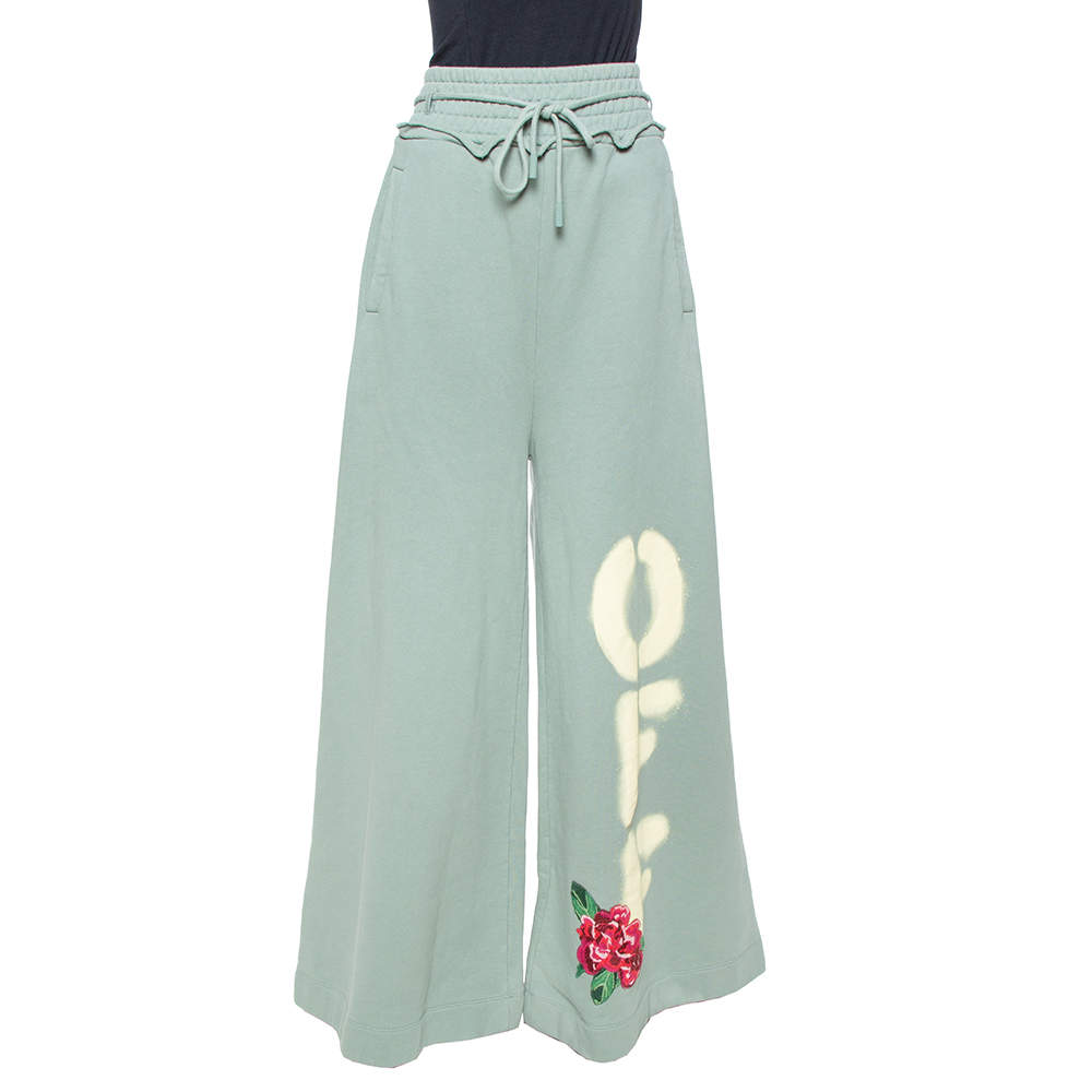 Off-White Sage Green Off Print Cotton Wide Leg Sweatpants L