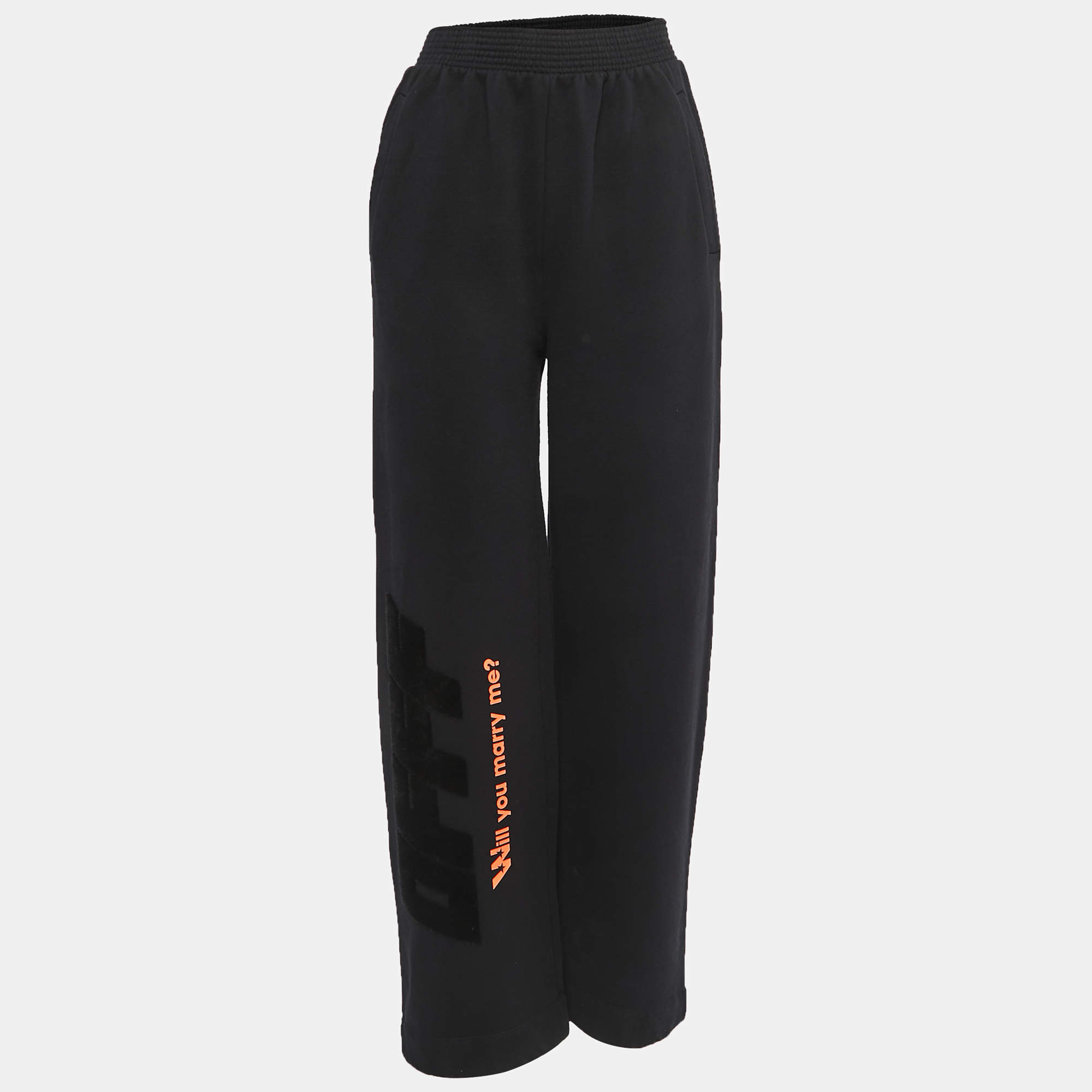 Pre Owned Off-White Black Printed Cotton Knit Wide-Leg Sweat Pants S