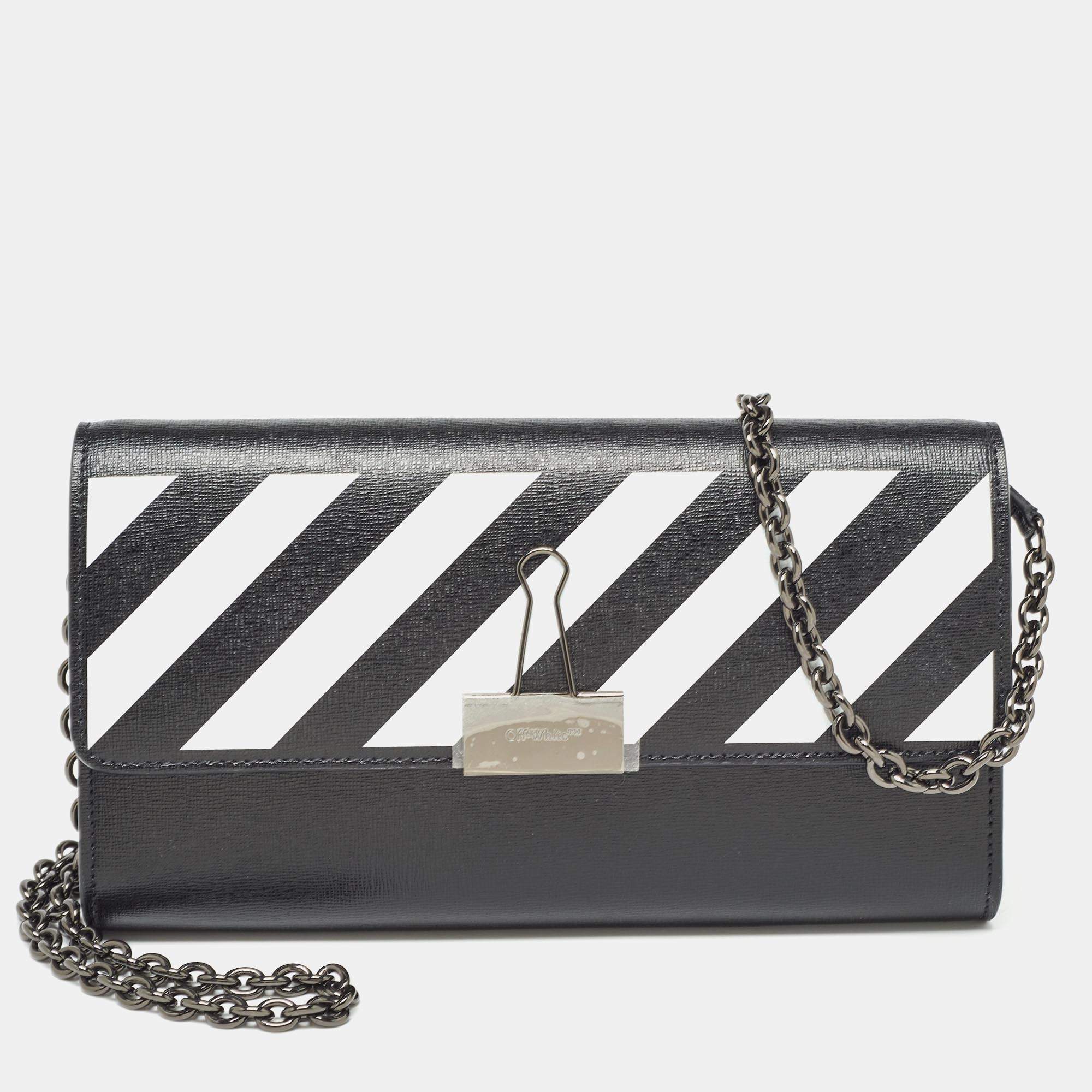 Off-White Black/White Diagonal Print Leather Binder Clip Wallet on Chain