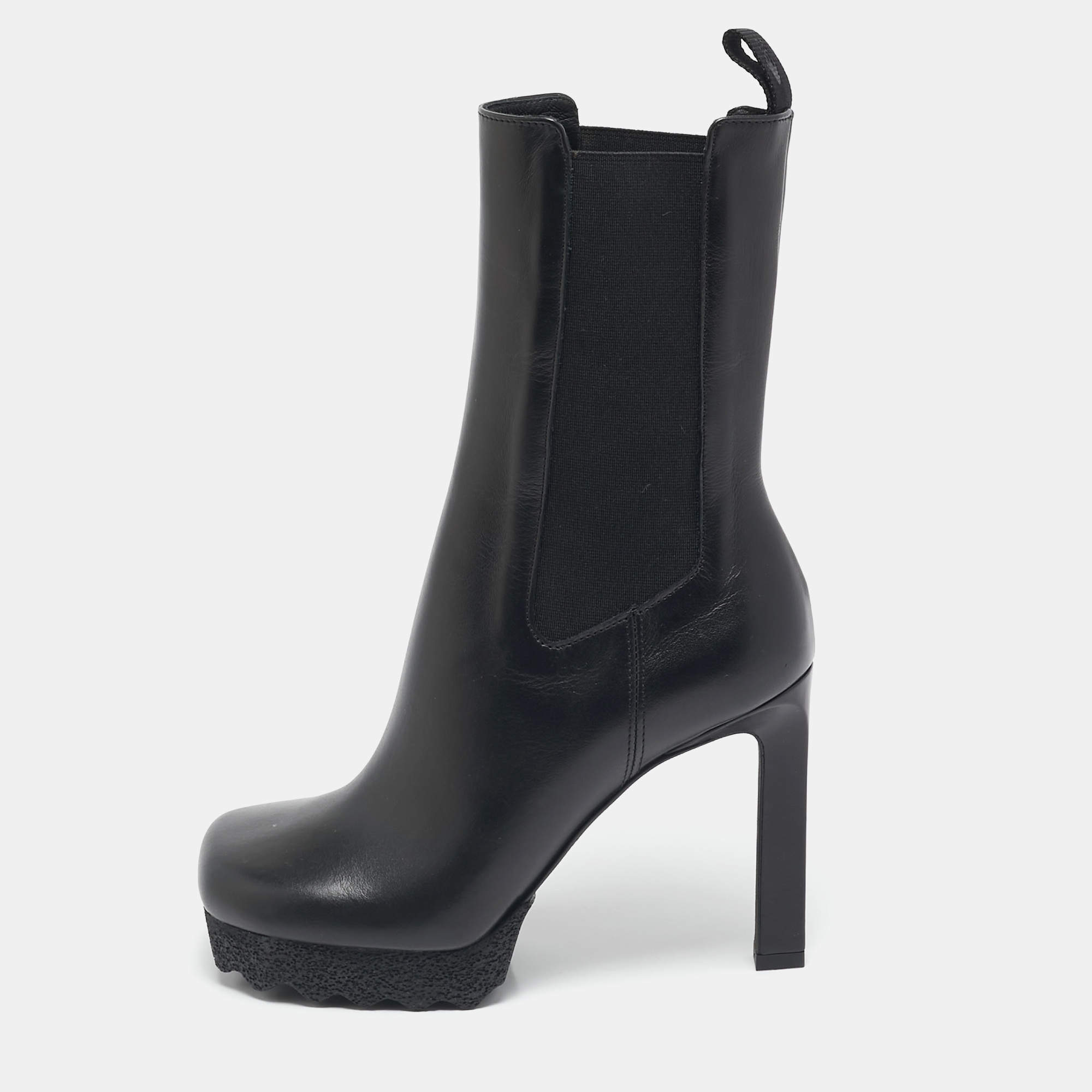 Off-White Black Leather Sponge Chelsea Heeled Ankle Length Boots Size 36