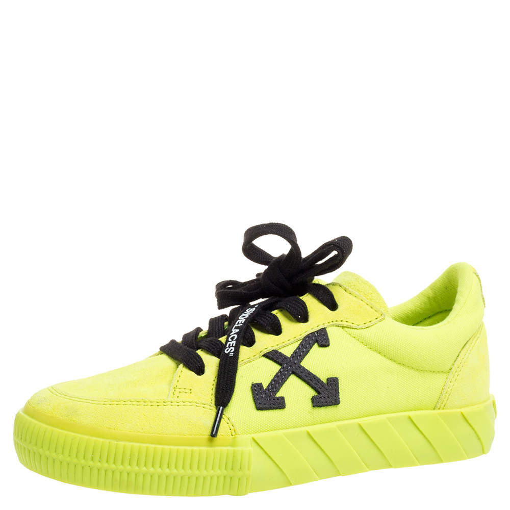 Off White Vulcanized Yellow Suede Leather And Canvas Low Top Sneakers ...