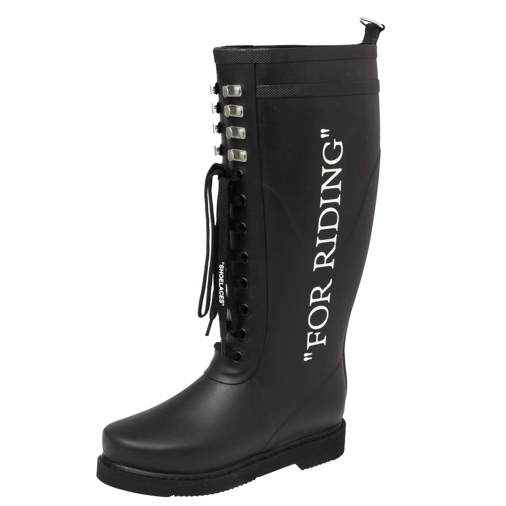 Pre Owned Off-White Black Rubber Quote Motif Lace Up Riding Boots Size 37