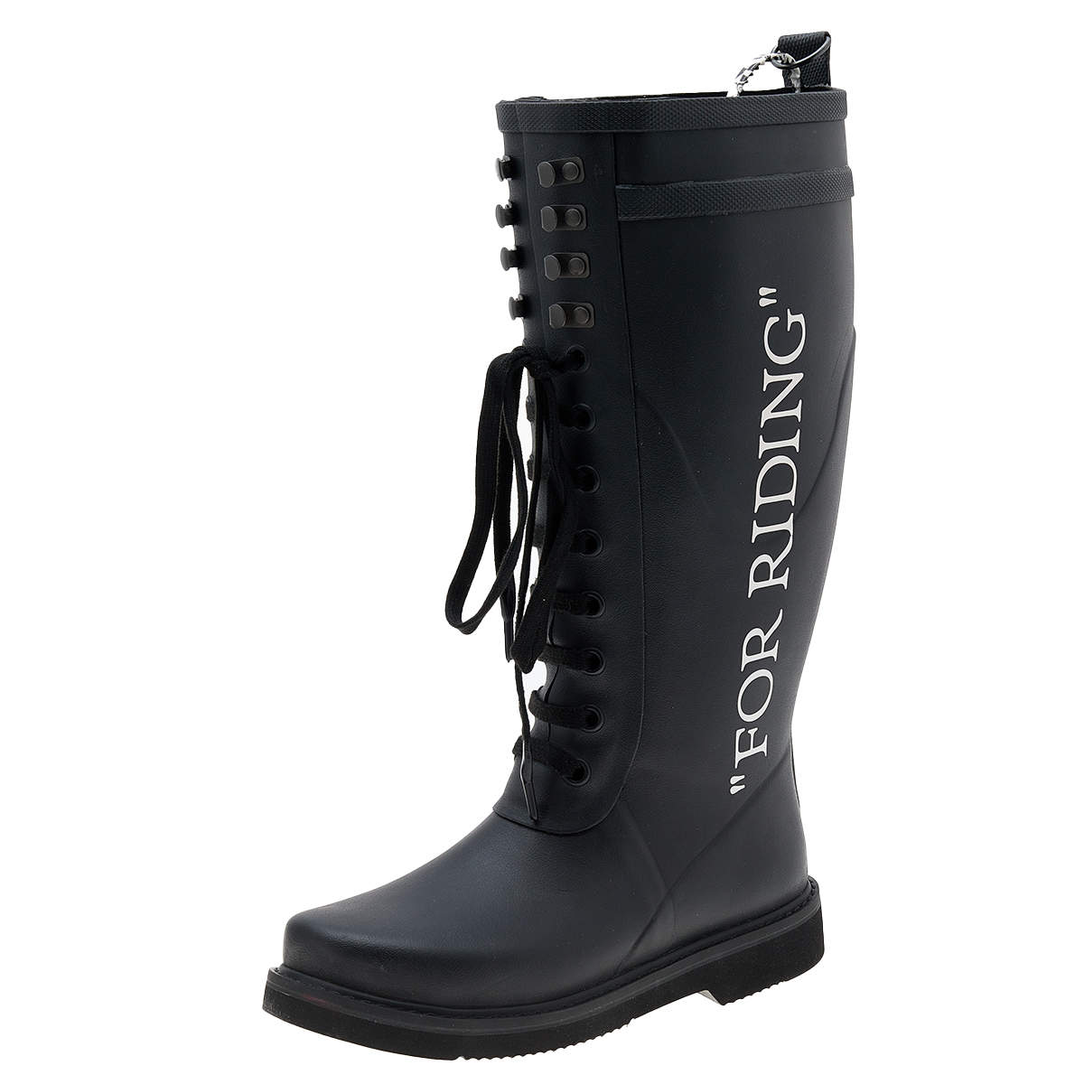 Pre Owned Off-White Black Rubber Quote-Motif Riding Boots Size 38
