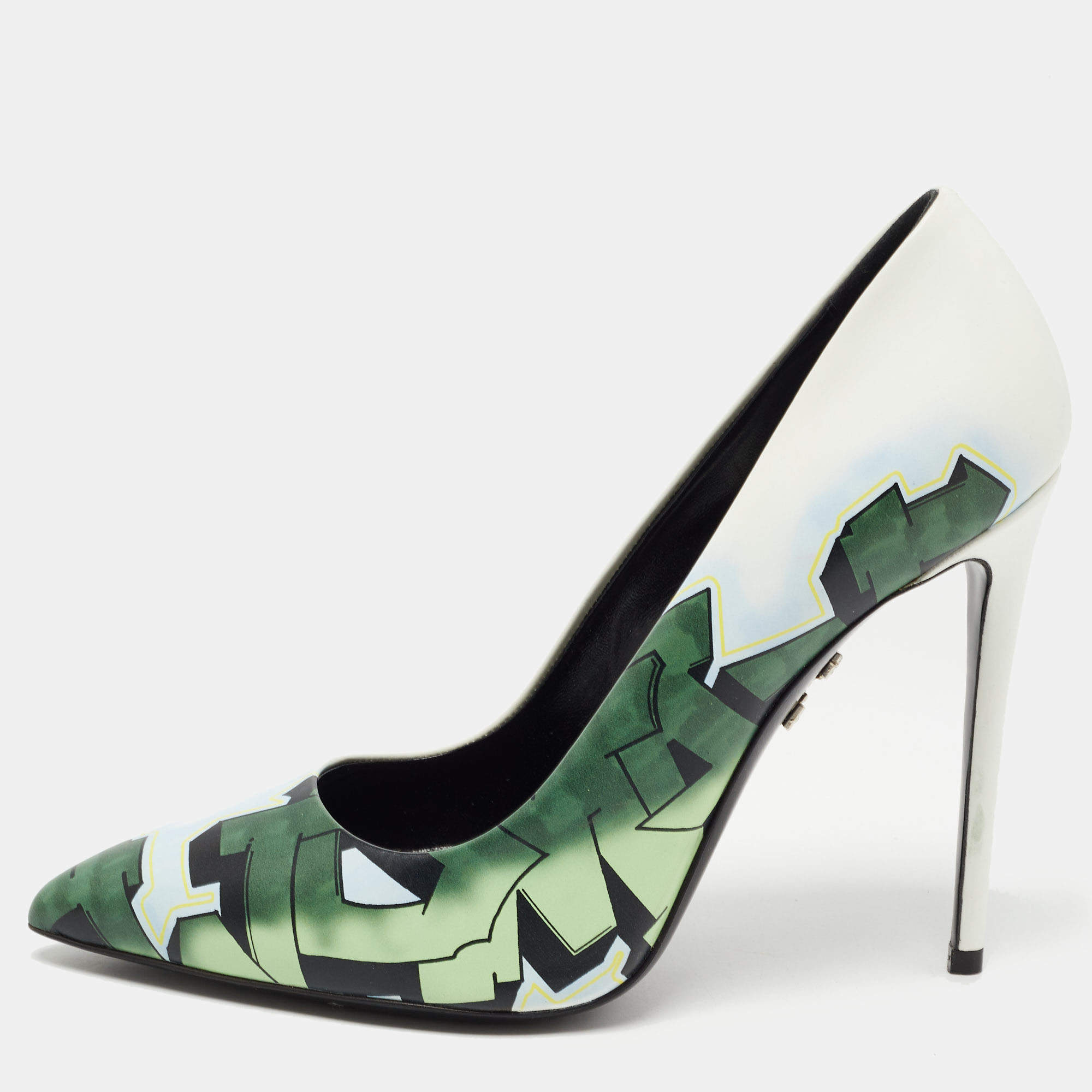 Off-White White/Green Printed Leather Pointed Toe Pumps Size 40