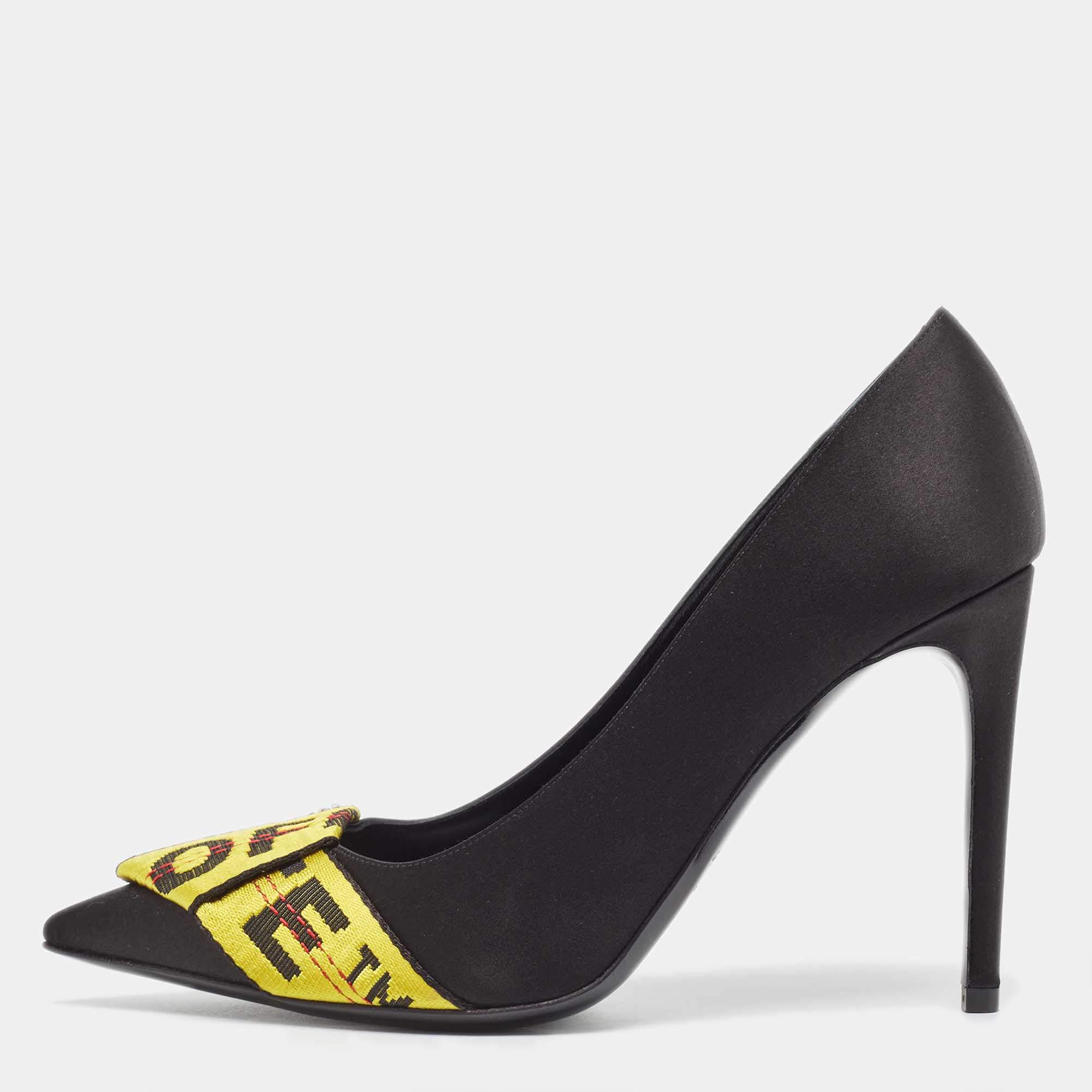 Pre Owned Off-White Black/Yellow Satin and Logo Canvas Pumps Size 39