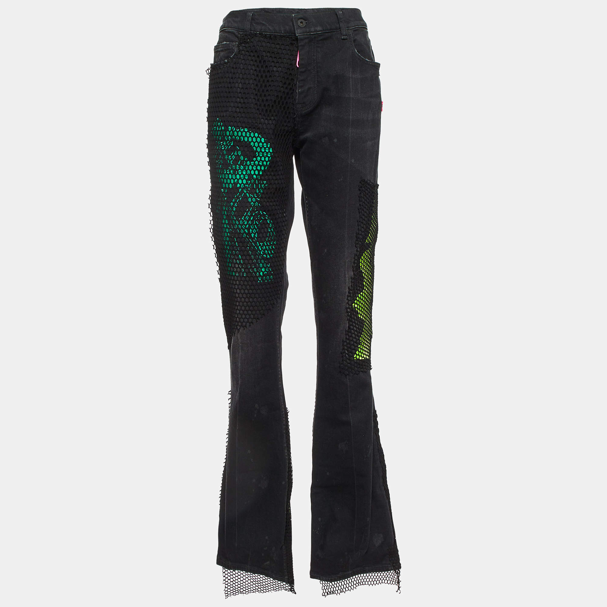 Pre Owned Off-White Black Embroidered Denim Flared Jeans XL Waist 33"