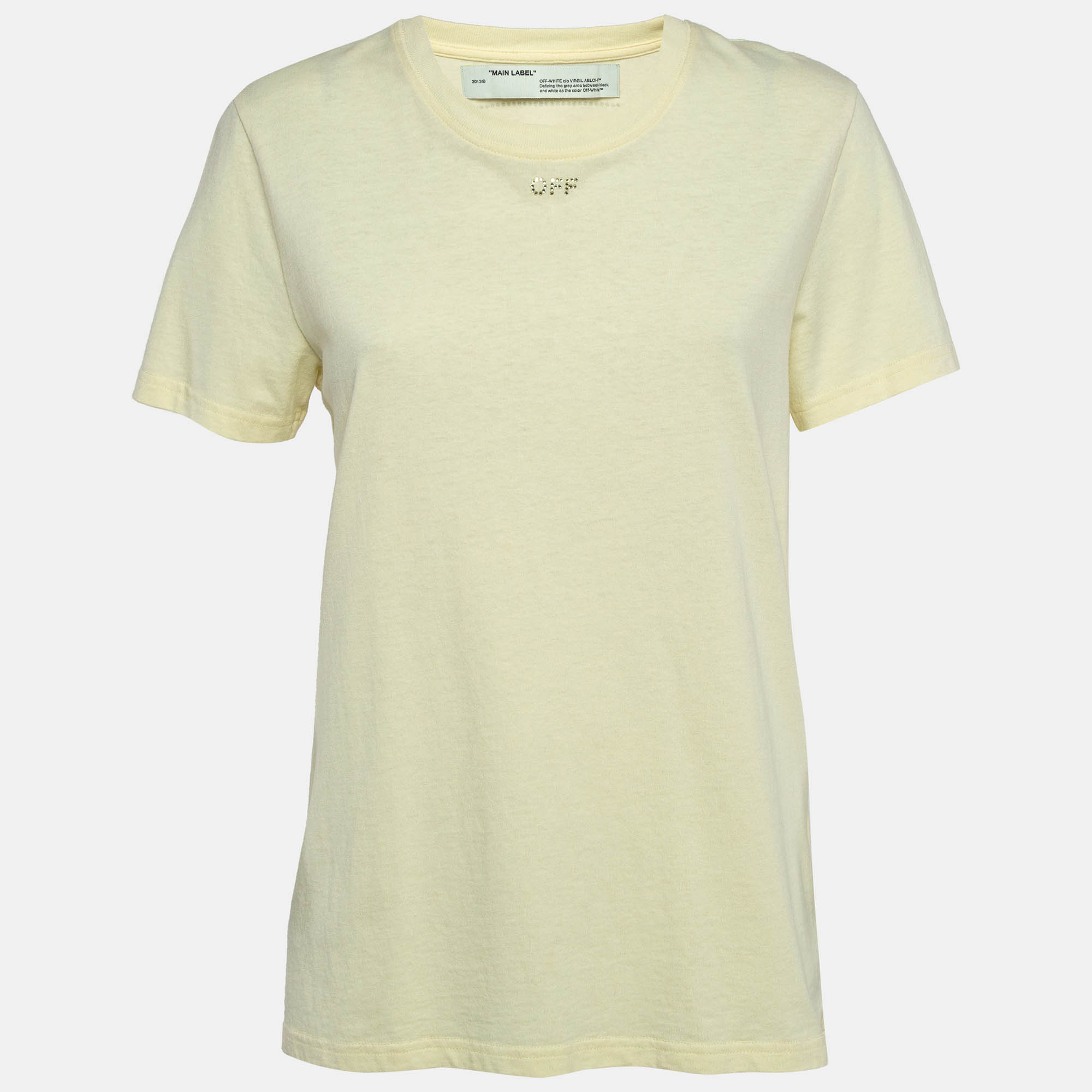 Pre Owned Off-White Yellow Cotton Crystal Logo Embellished T-Shirt S