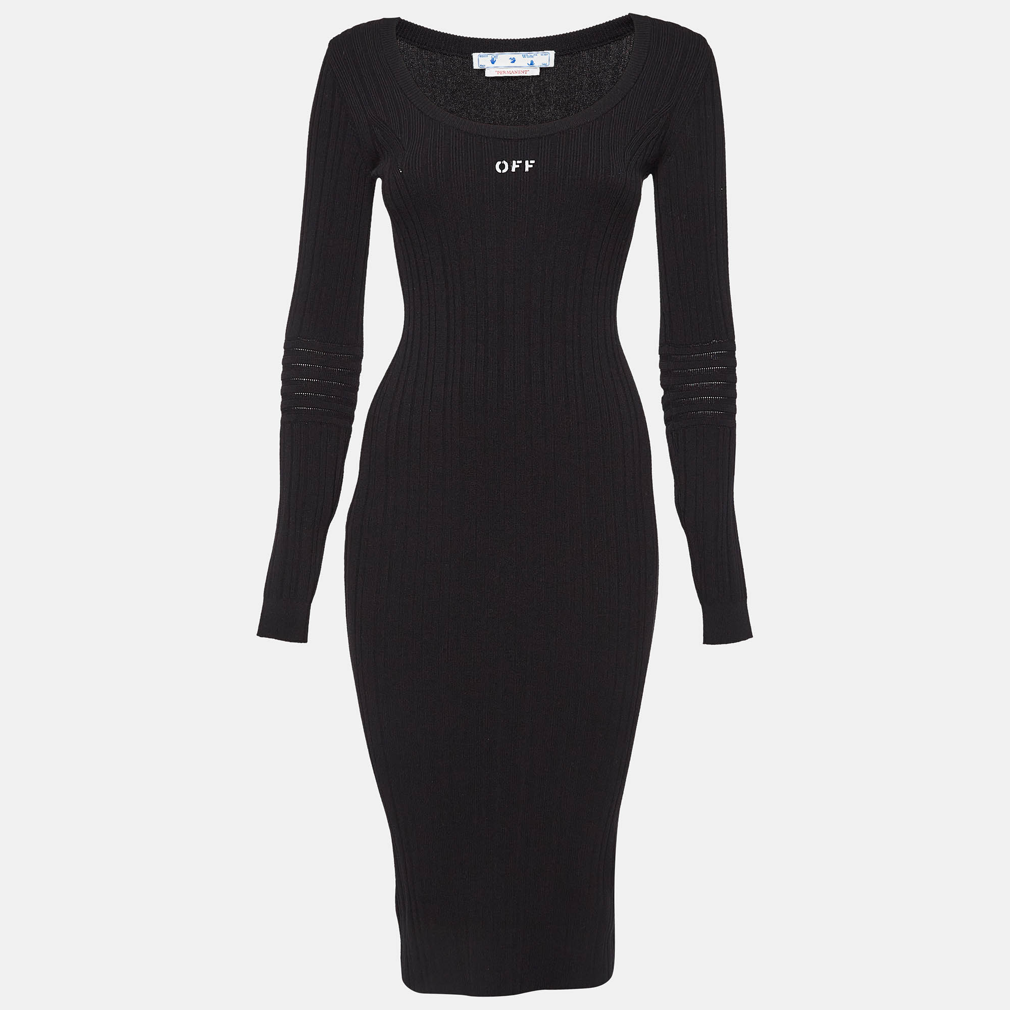 Pre Owned Off-White Logo Print Black Rib Knit Bodycon Dress M