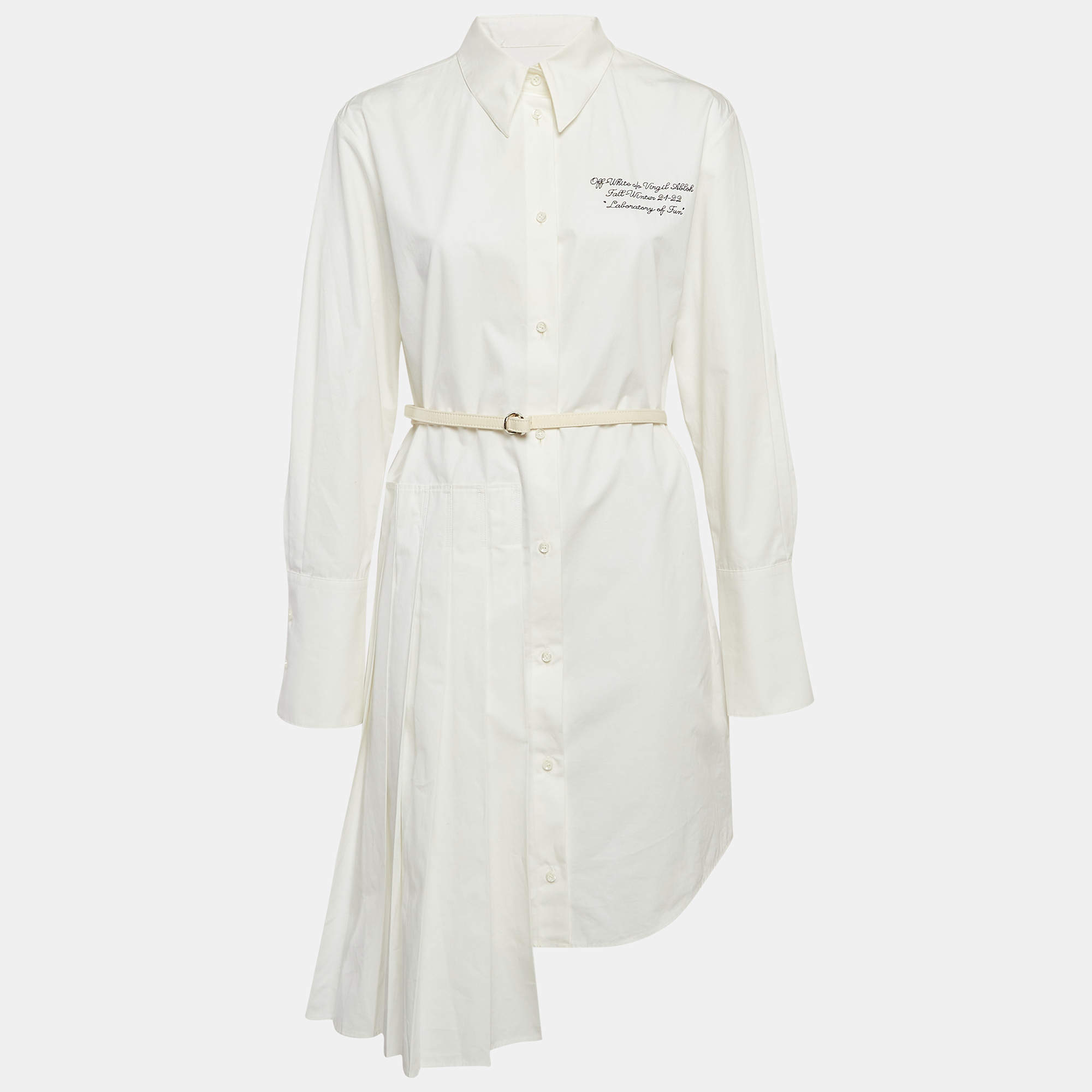Off-White White Cotton Pleated Button Front Short Dress M