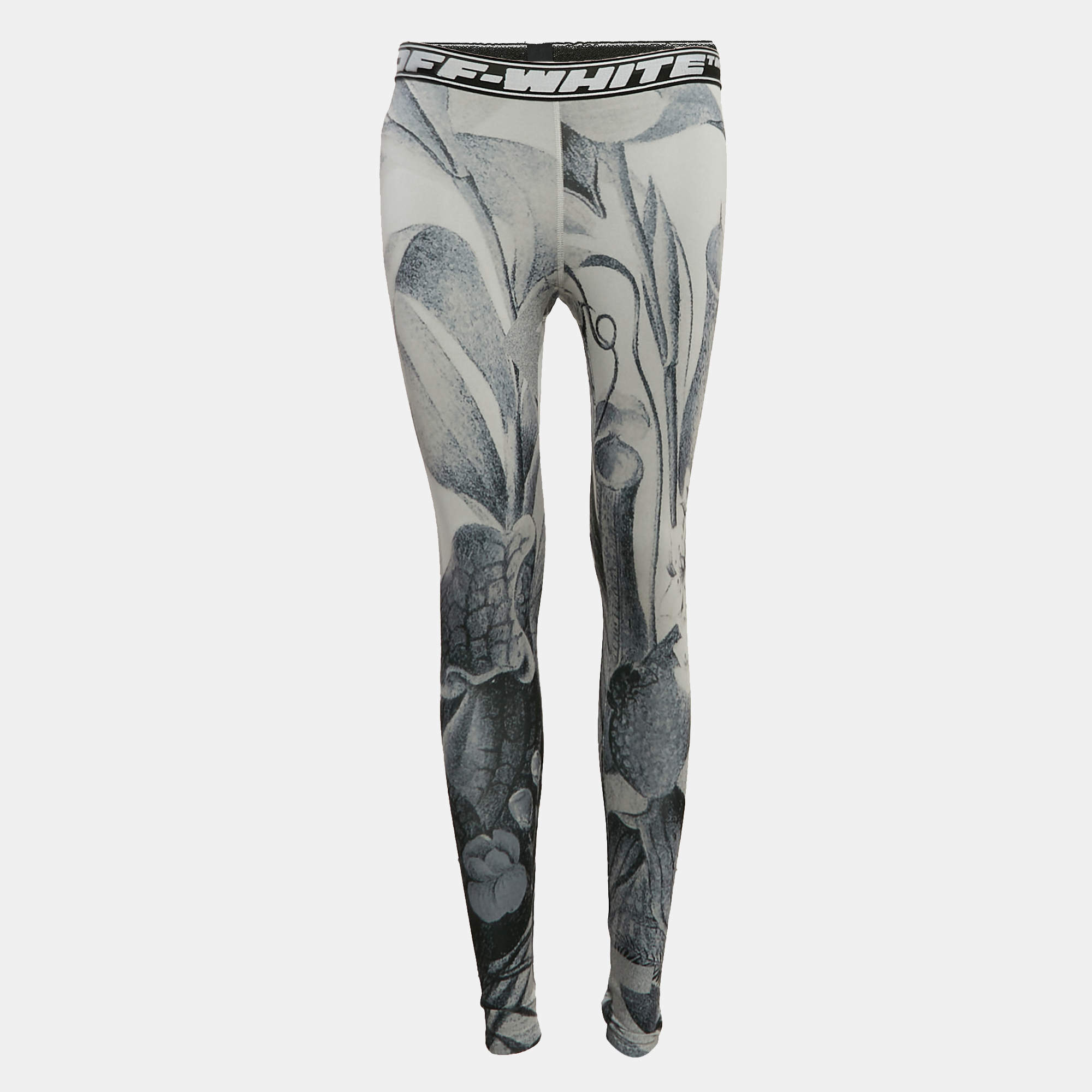 Off-White Grey Athleisure Botanical Print Jersey Leggings S