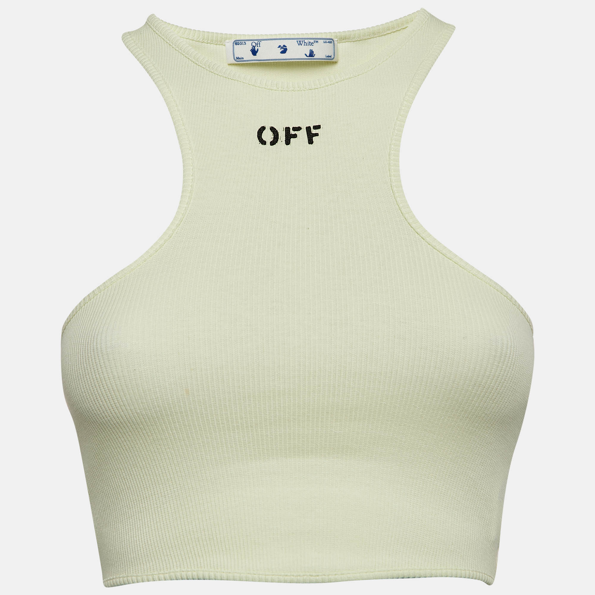 Pre Owned Off-White Green Logo Print Rib Knit Crop Tank Top S