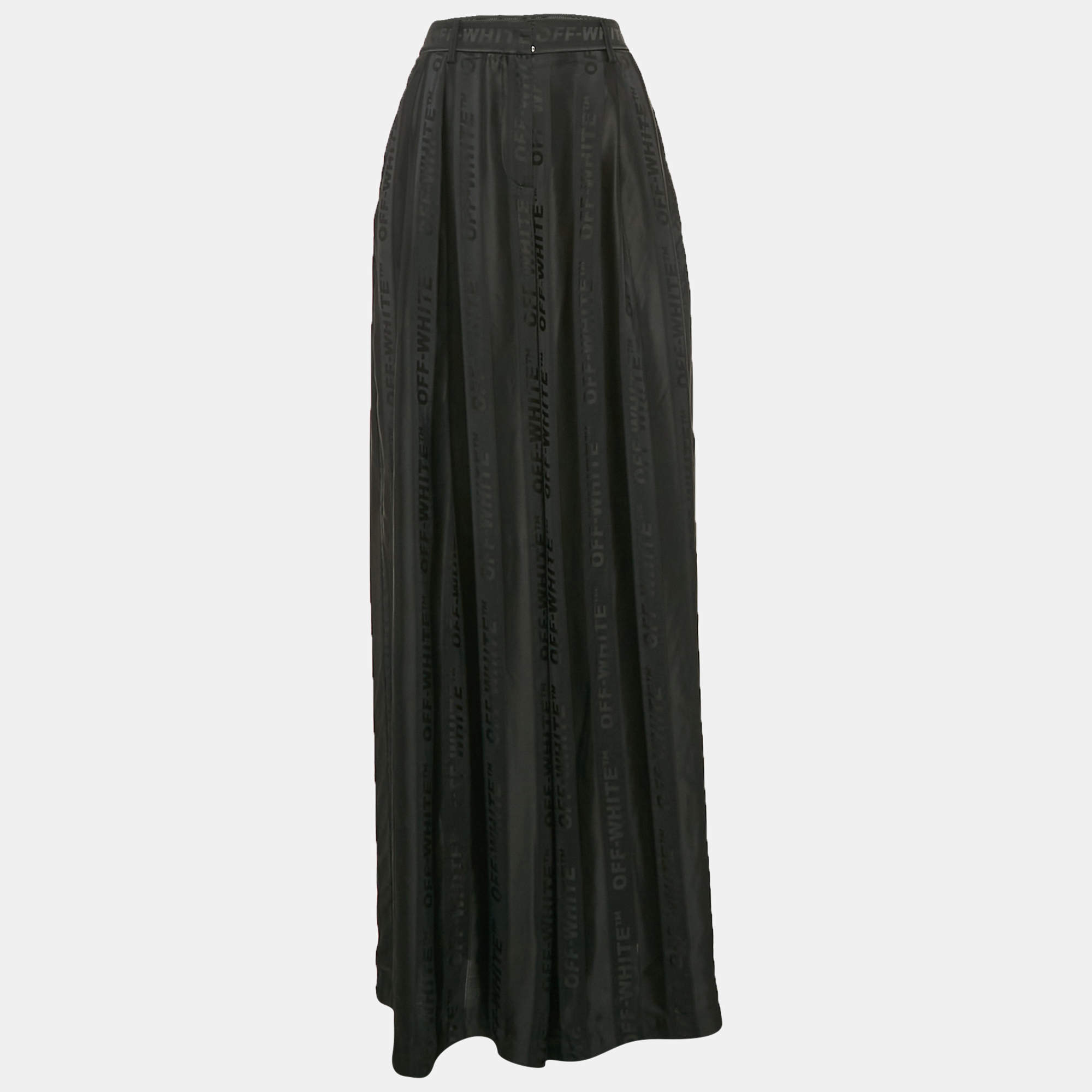 Pre Owned Off-White Black Logo Stripe Satin Flared Trousers M