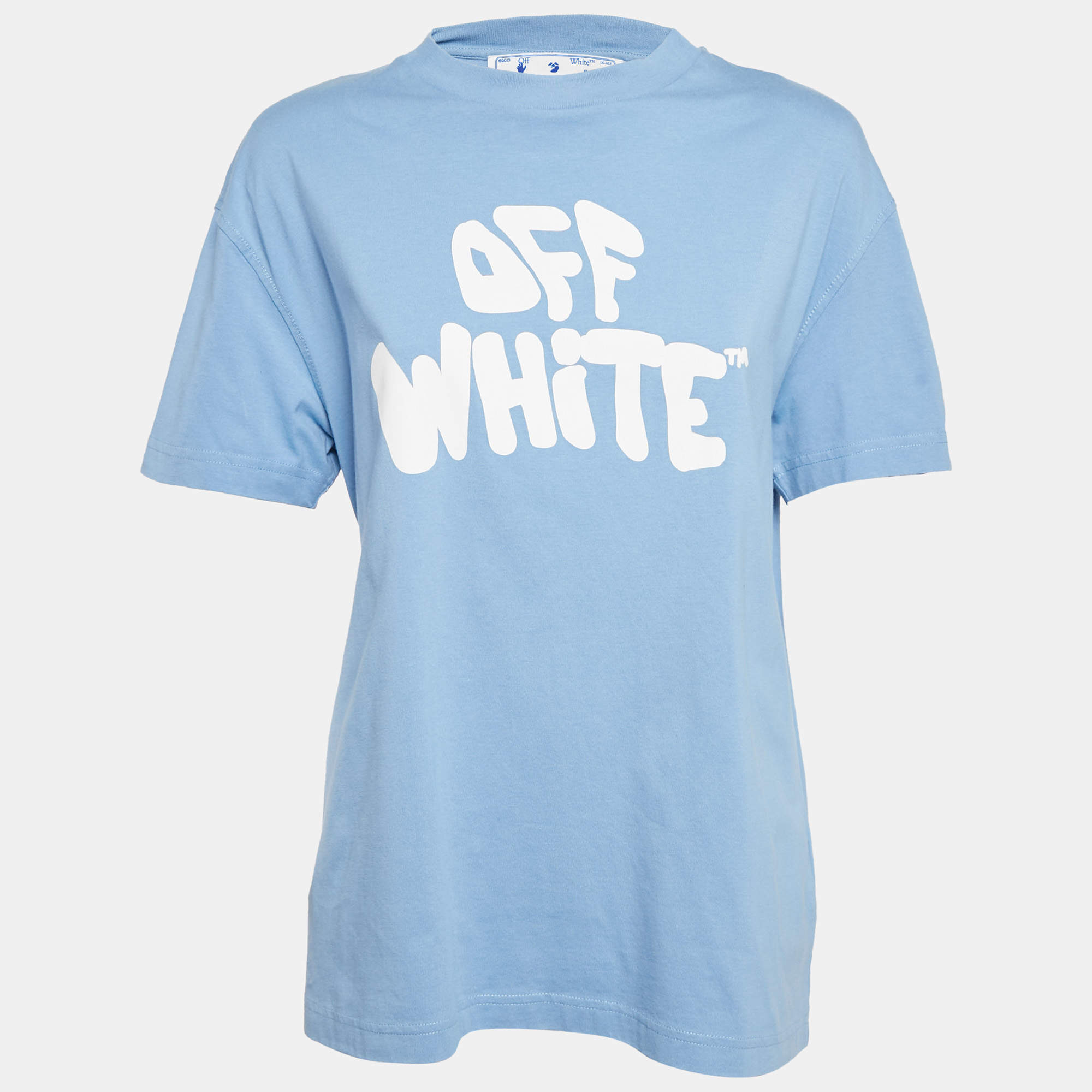 مملوكة مسبقًا Off-White Blue Logo Print Jersey Cotton Crew Neck T-Shirt S