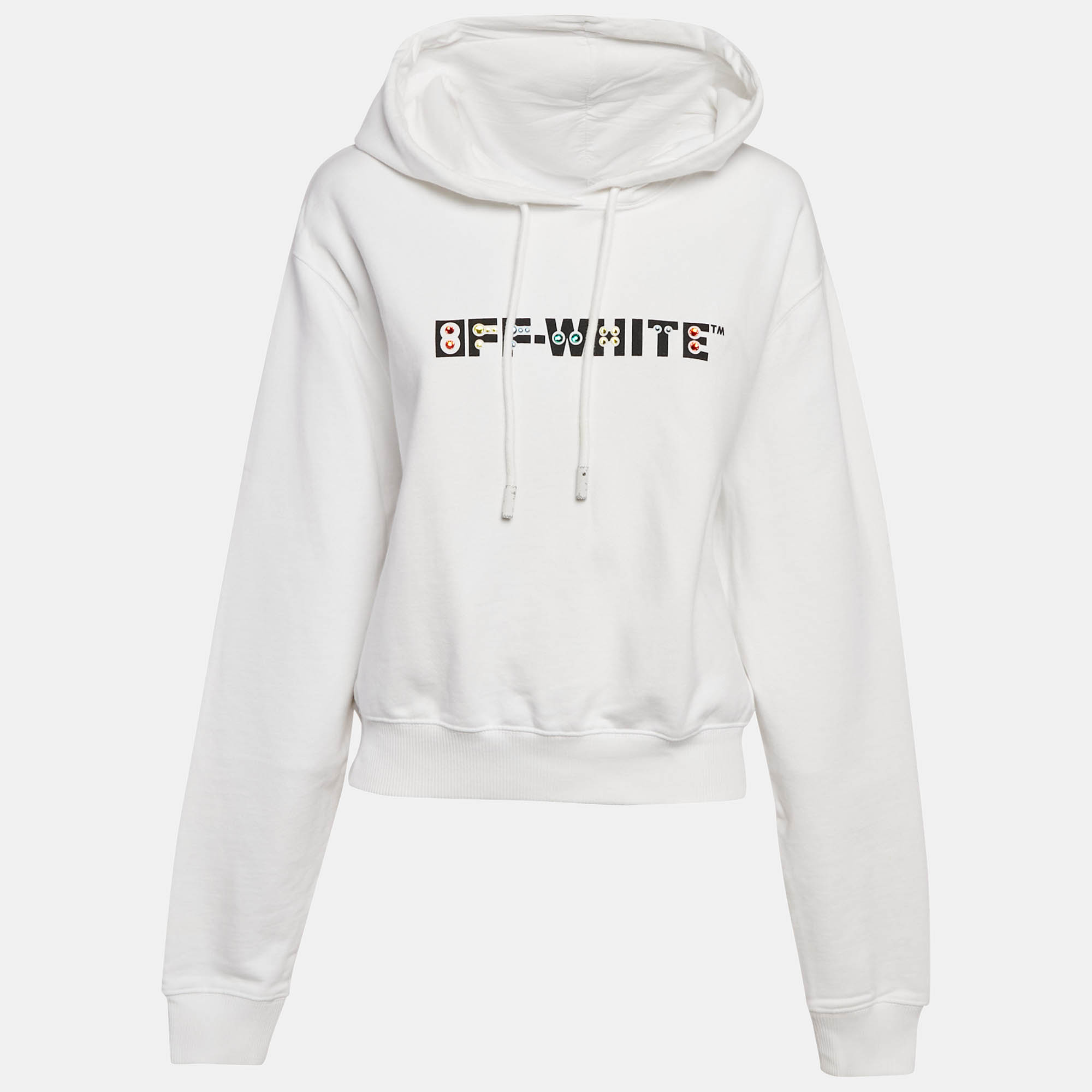 Pre Owned Off-White White Logo Embellished Cotton Hoodie M