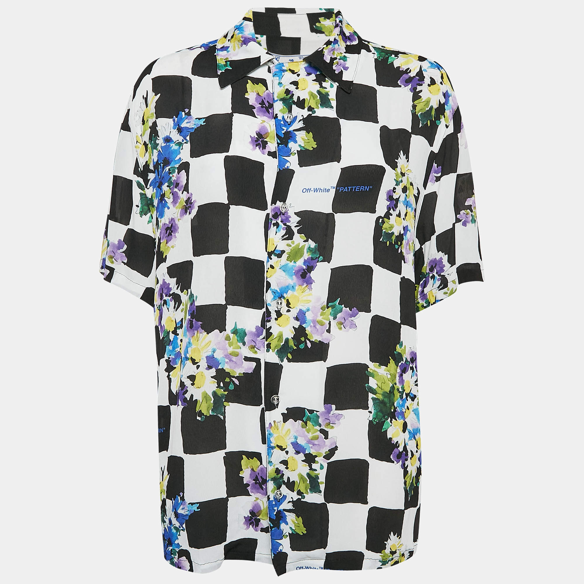 Off-White Check Floral Print Crepe Shirt S