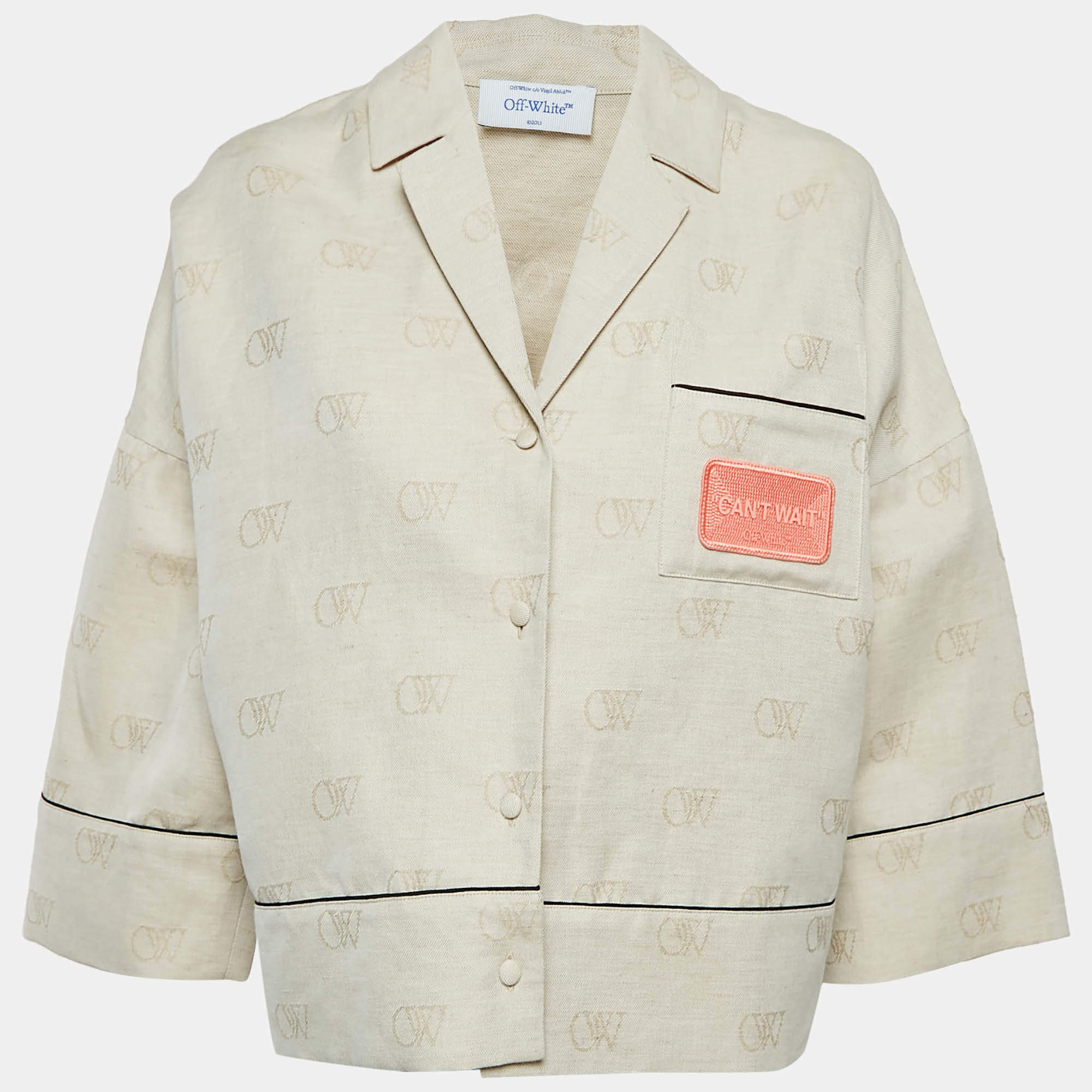 Pre Owned Off-White Beige Monogram Linen Blend Arrow Embroidered Crop Shirt S