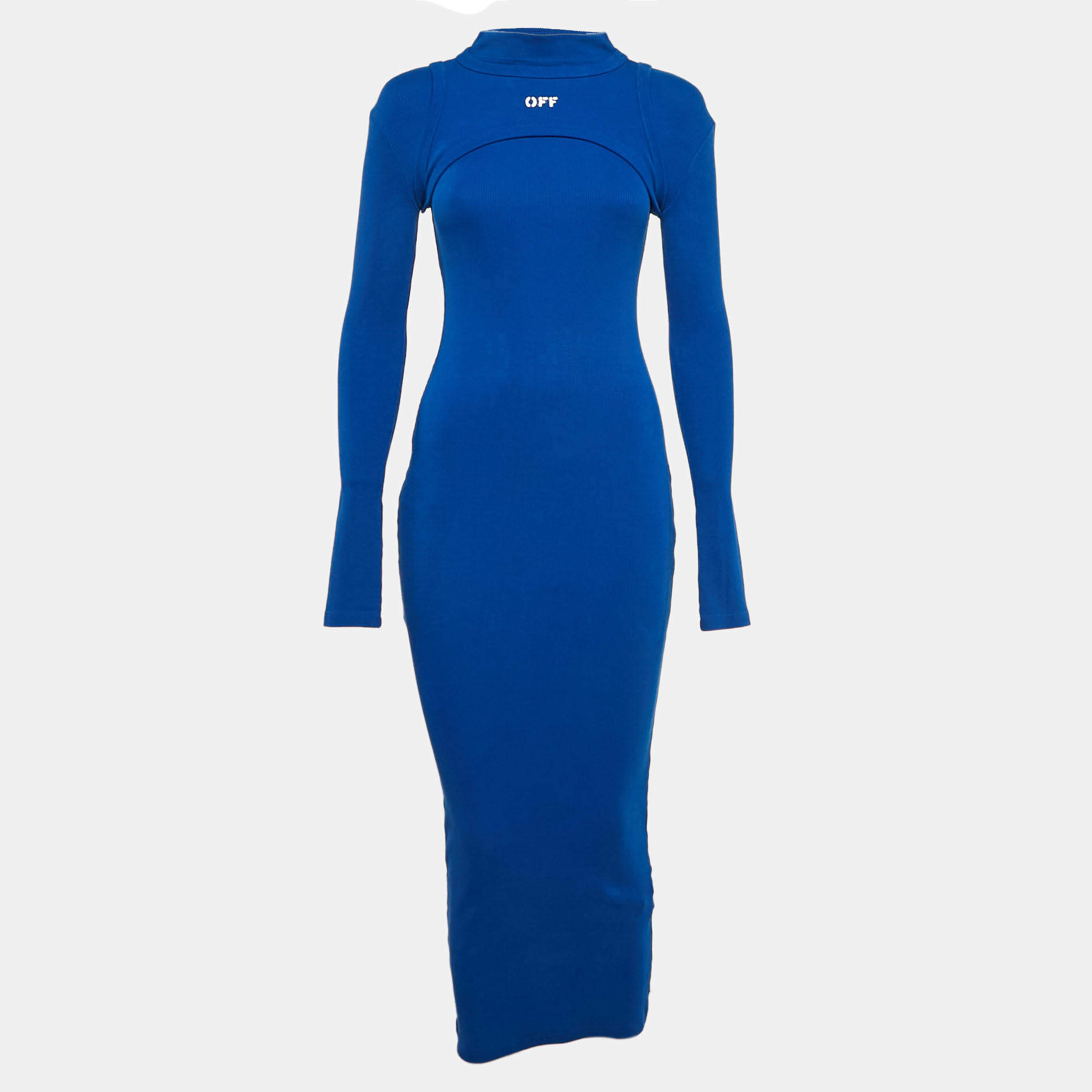 Pre Owned Off-White Blue Logo Print Rib Knit Midi Dress S