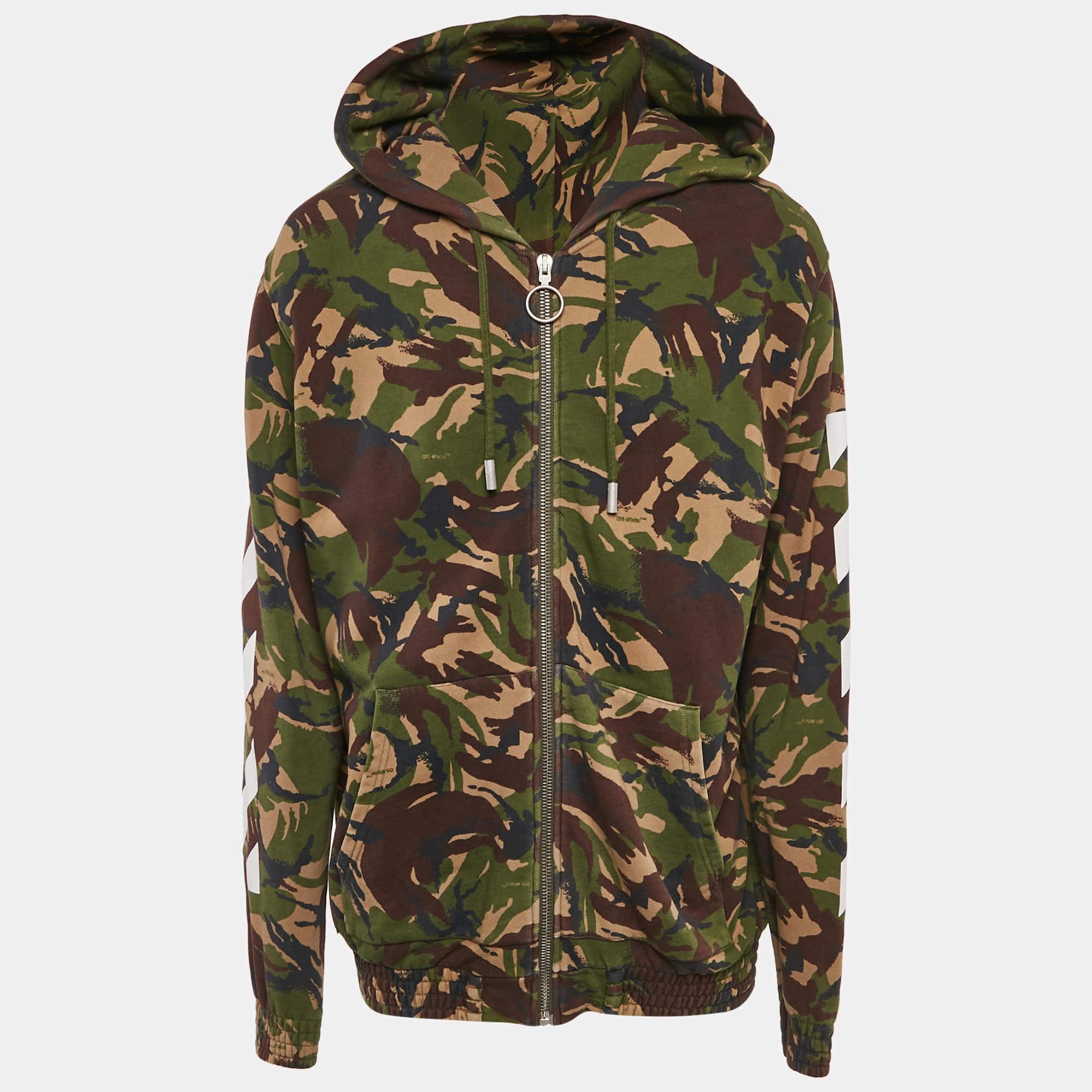 Off-White Green Camouflage Print Cotton Knit Hooded Zip-Up Jacket XL