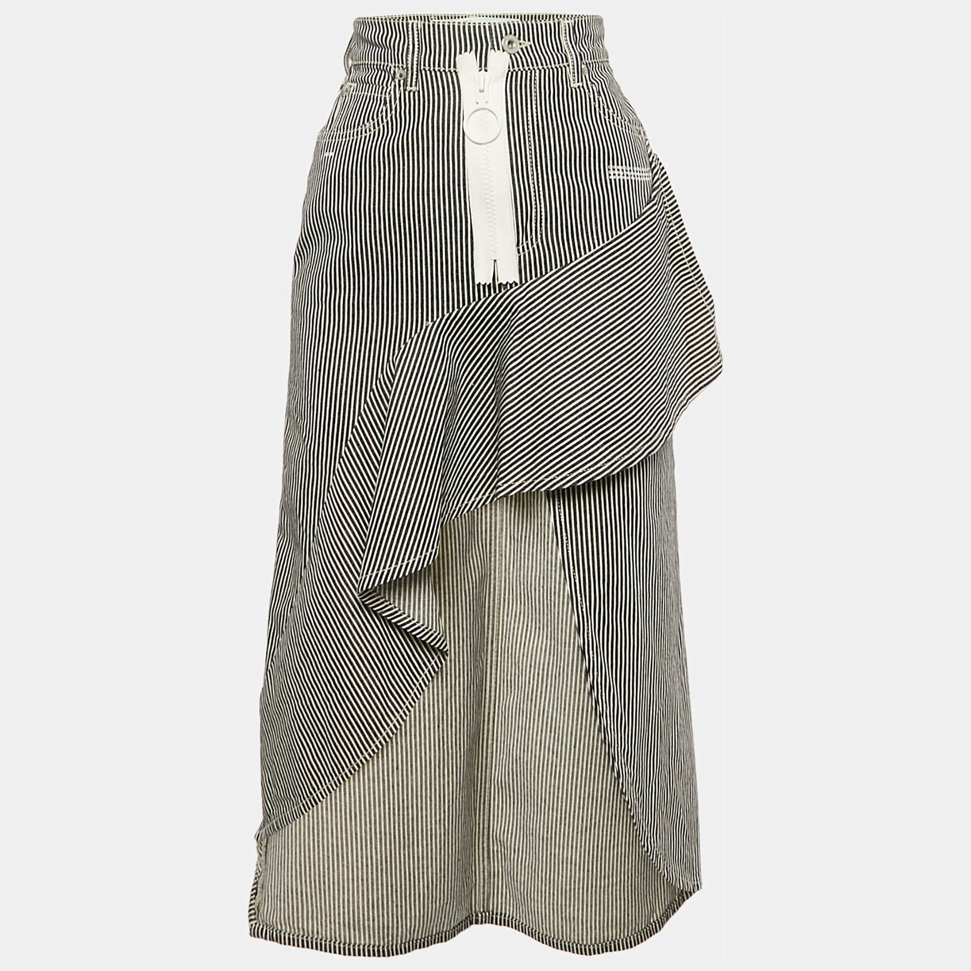 Pre Owned Off-White Navy Blue & White Striped Denim Ruffled Asymmetric Skirt S