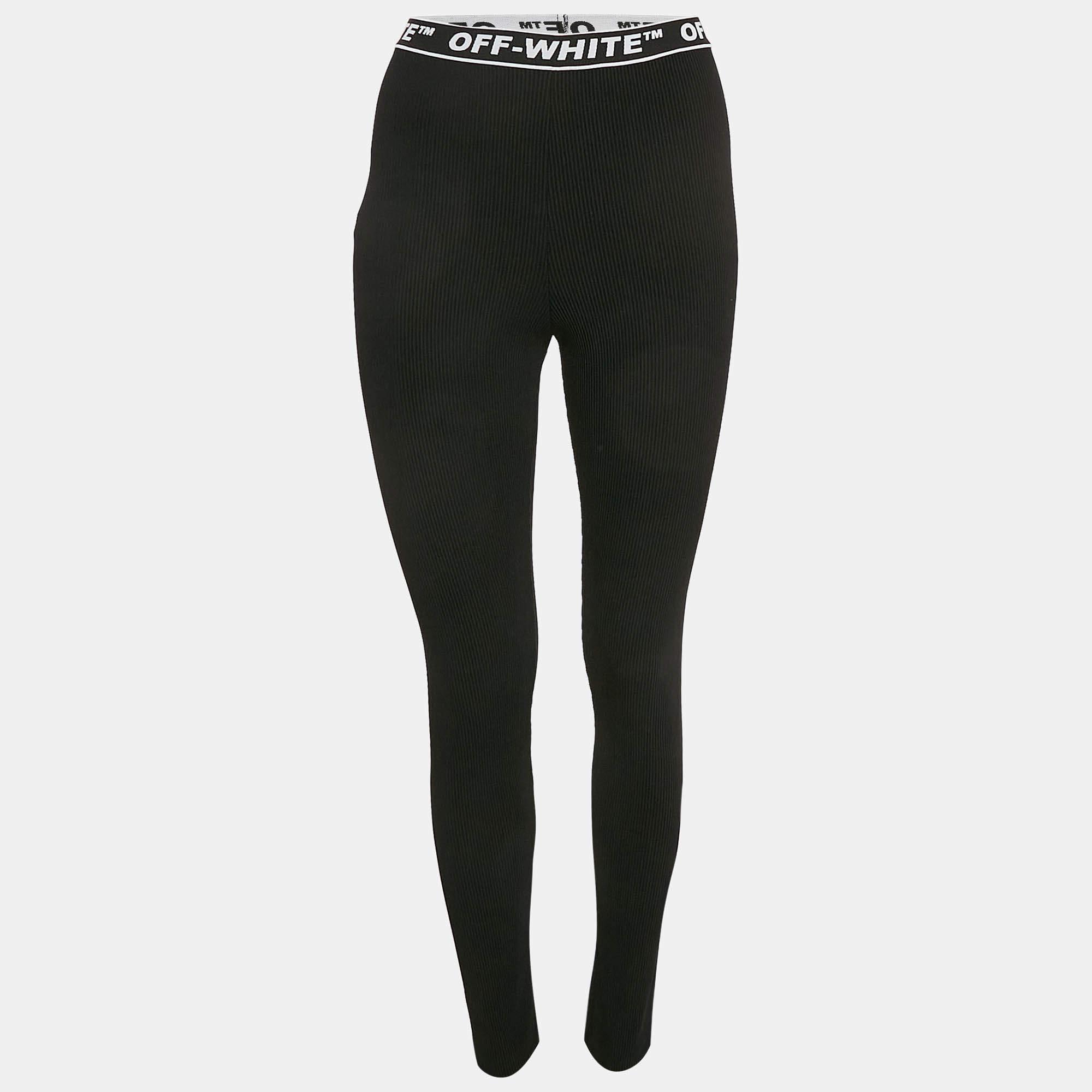 Off-White Black Logo Waistband Stripe Textured Jersey Leggings S