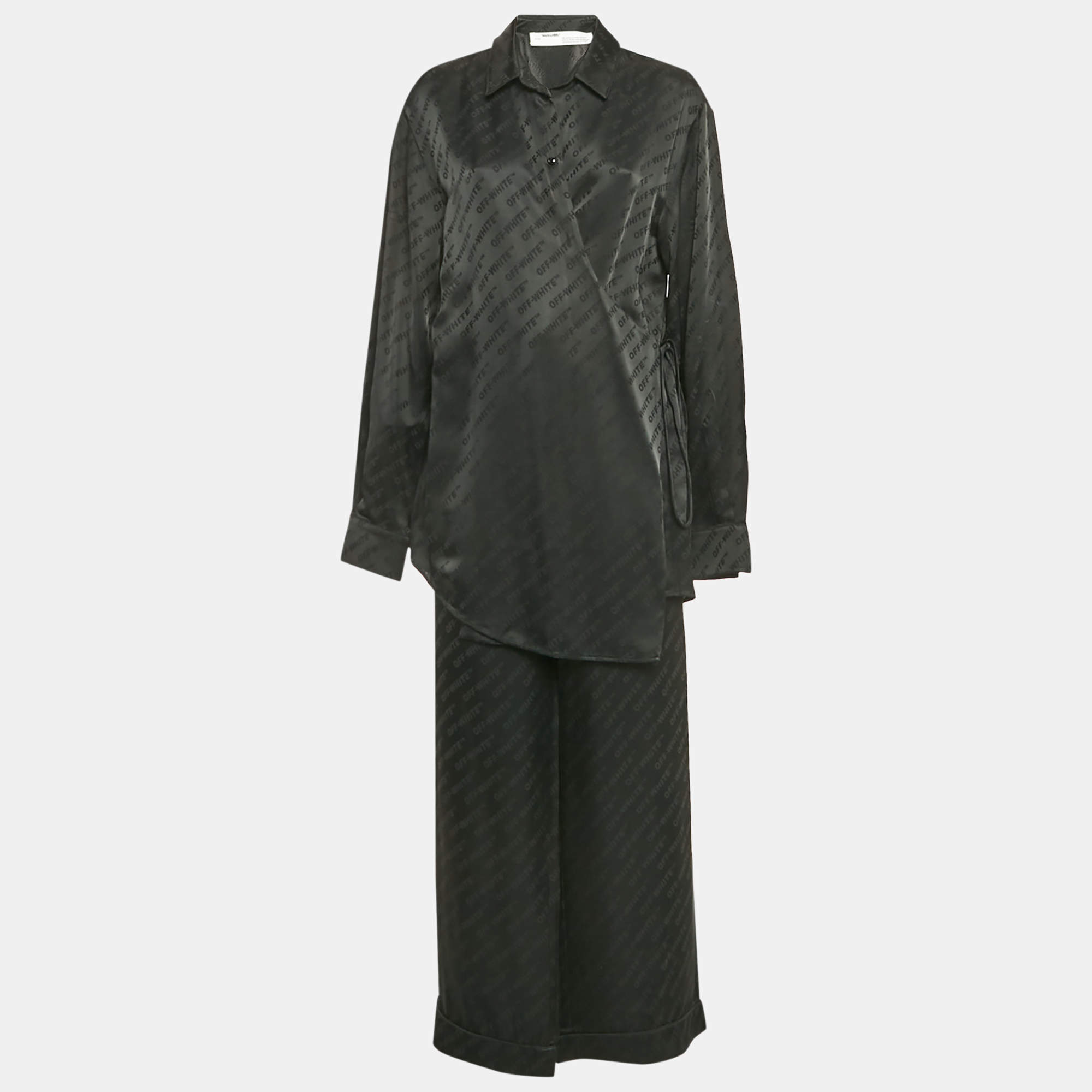 Off-White Black Logo Jacquard Satin Blouse and Pants Set L