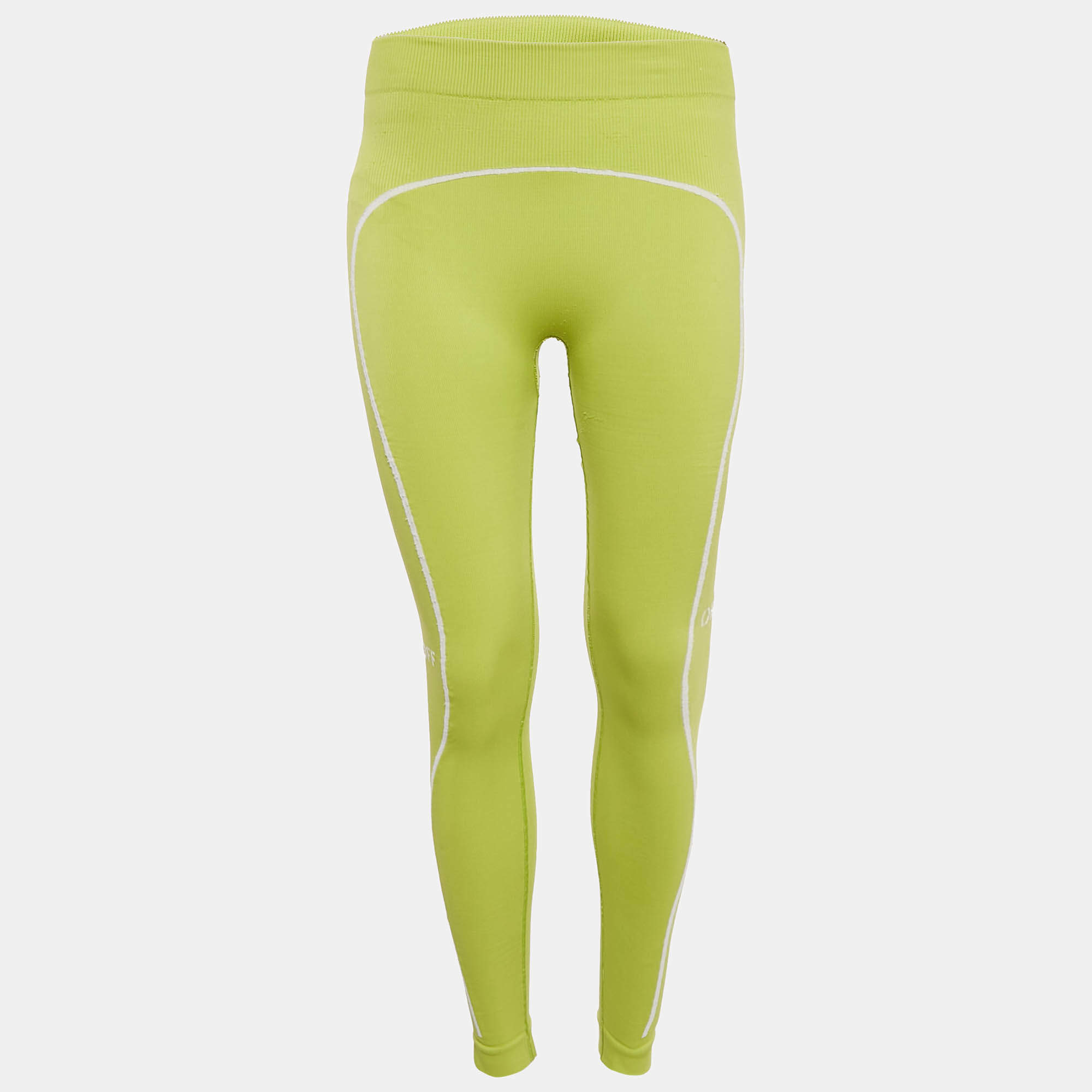 Pre Owned leggings أوف وايت خضراء محززة مقلمة بمقاس صغير