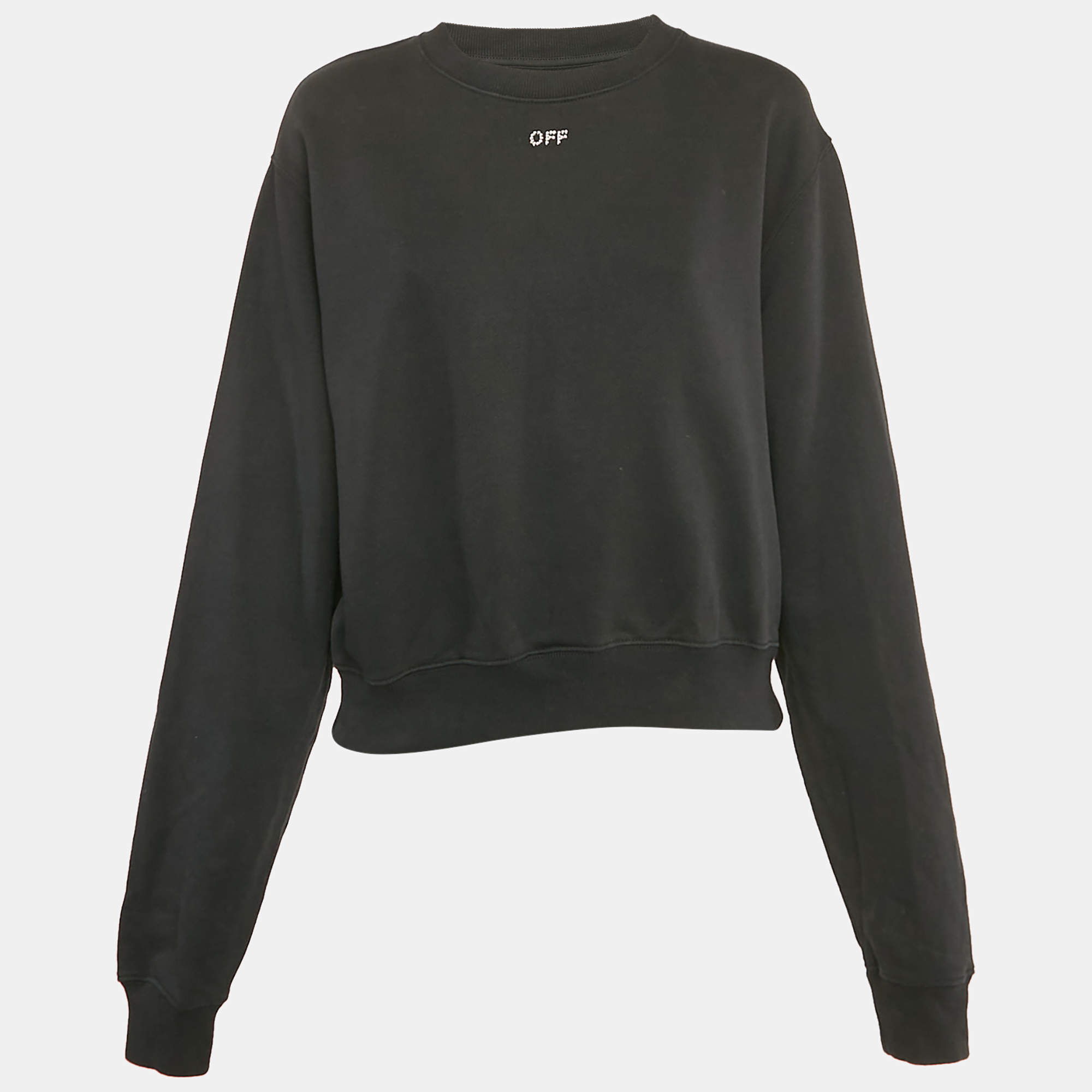 Pre Owned Off-White Black Logo Crystal Embellished Cotton Crew Neck Sweatshirt S