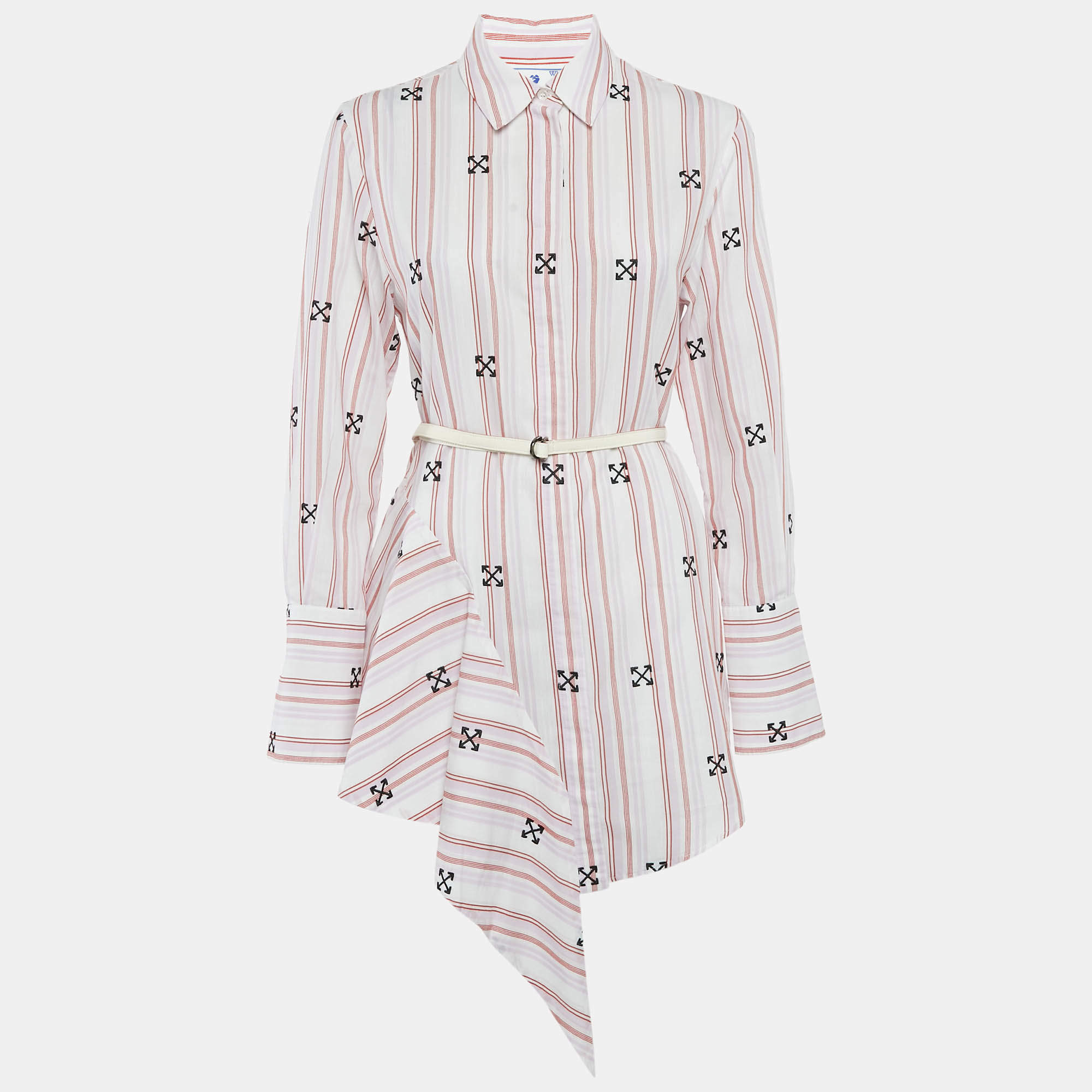 مملوكة مسبقًا Off-White White Logo Embroidery Stripe Cotton Asymmetric Tunic Shirt Dress S