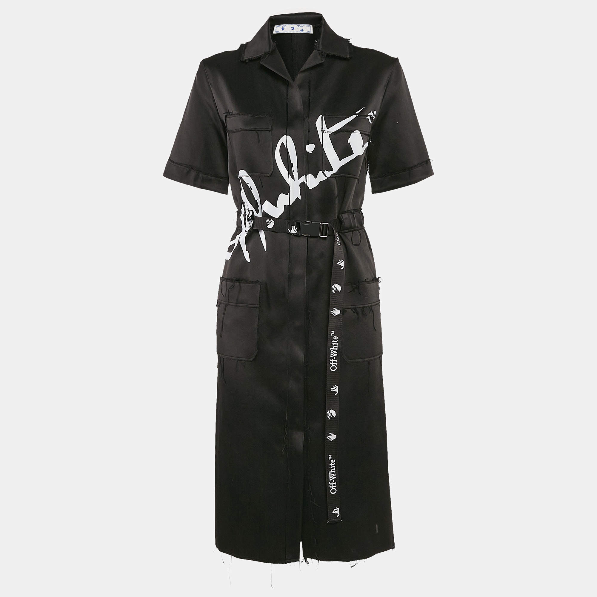 Off-White Black Printed Satin Button Front Belted Tokyo Dress XS