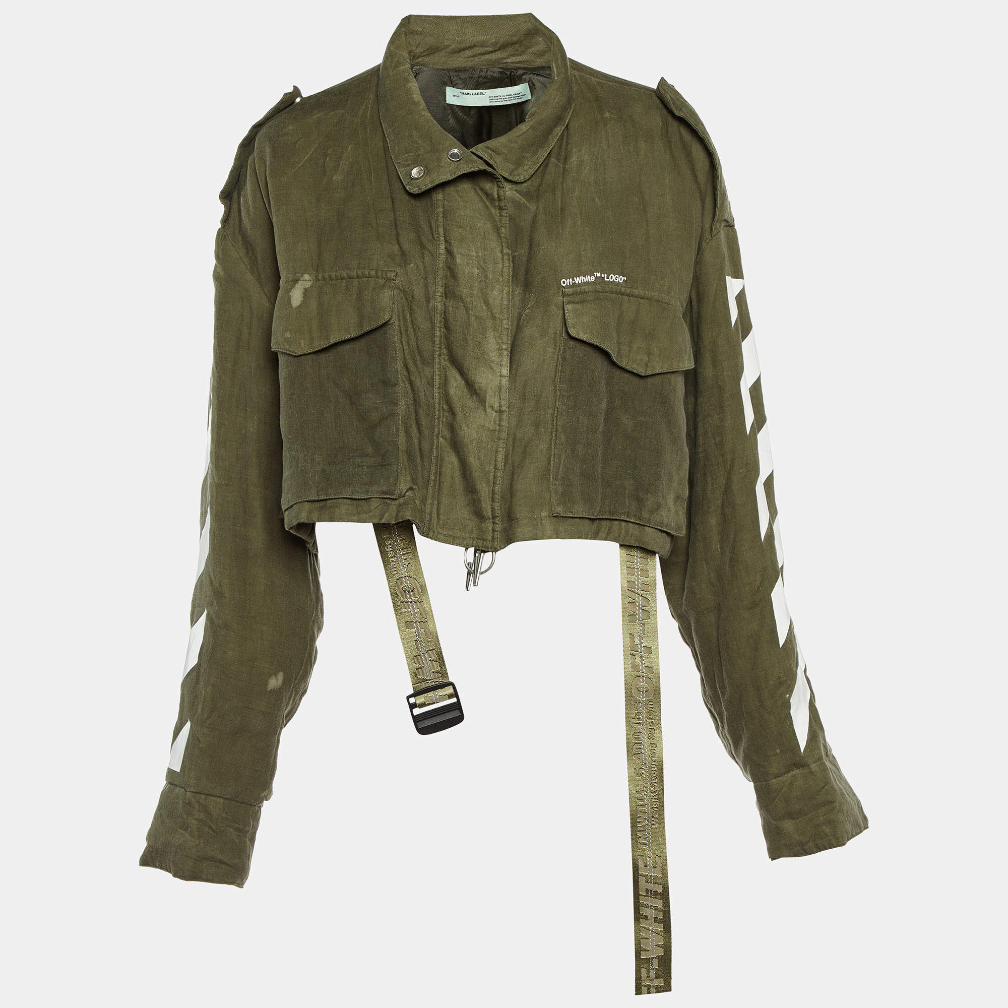 Off-White Olive Green Linen Diag M65 Cropped Jacket S