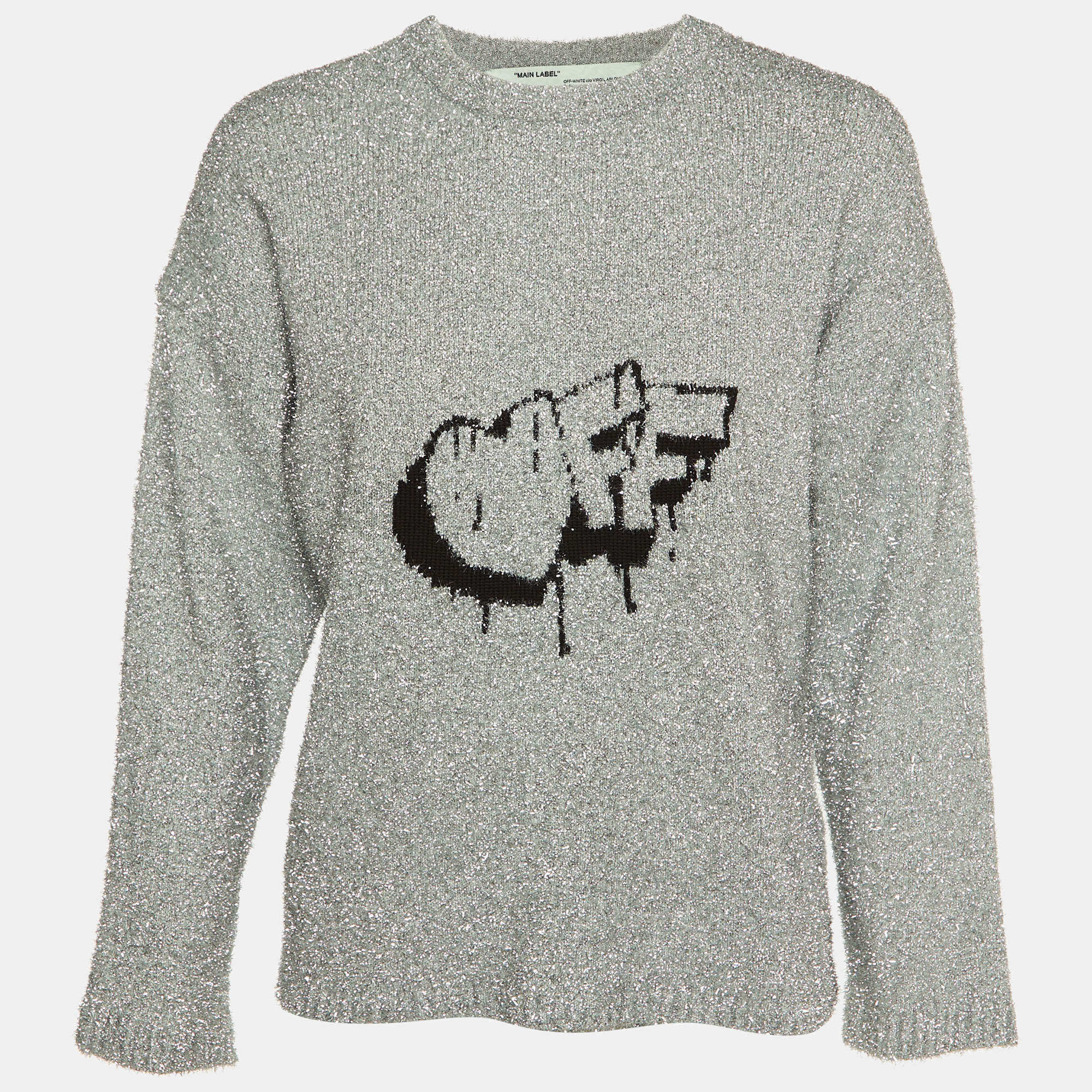 Pre Owned Off-White Silver Logo Fleece Knit Crew Neck Jumper S