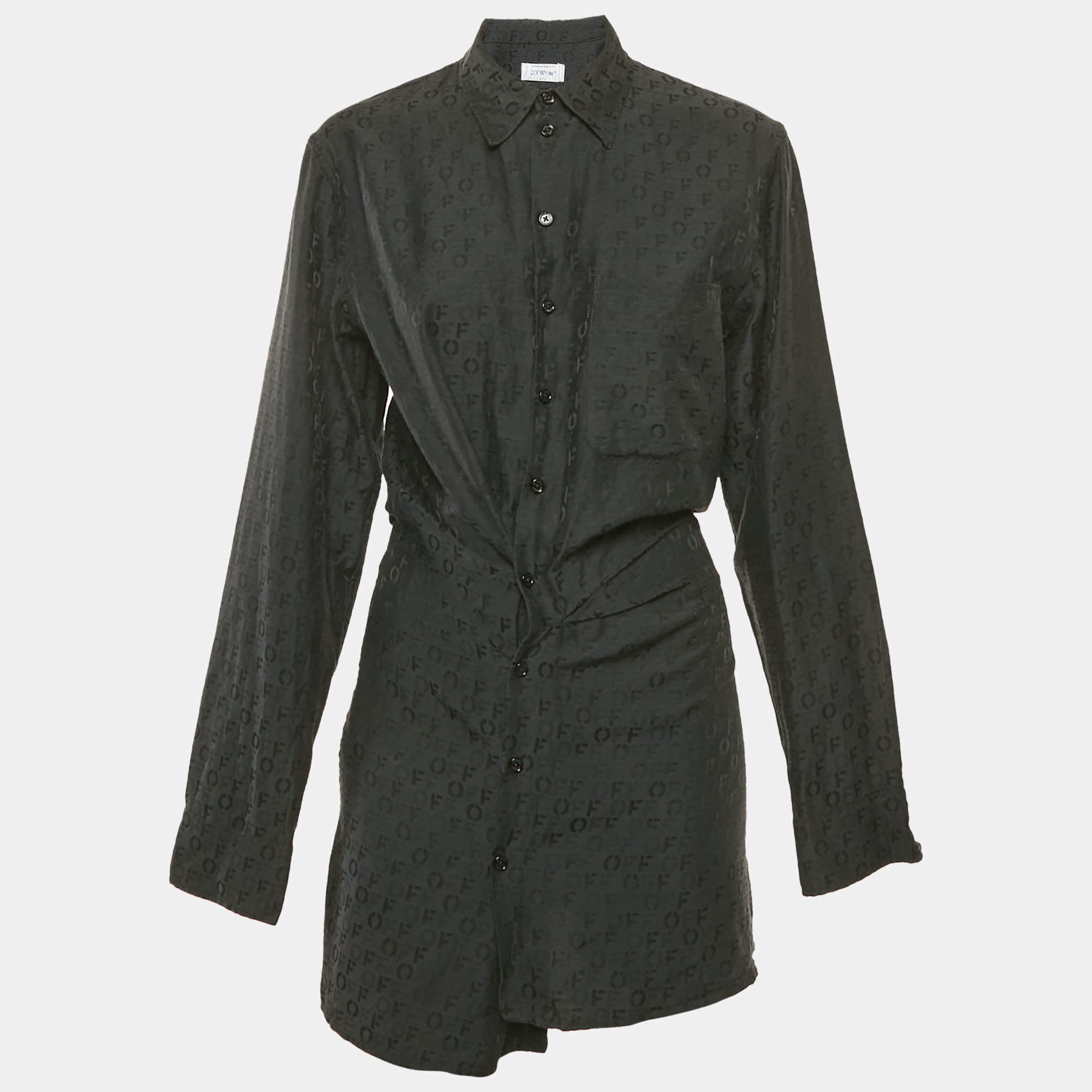 Pre Owned Off-White Black Logo Jacquard Cotton & Silk Asymmetric Shirt Dress M