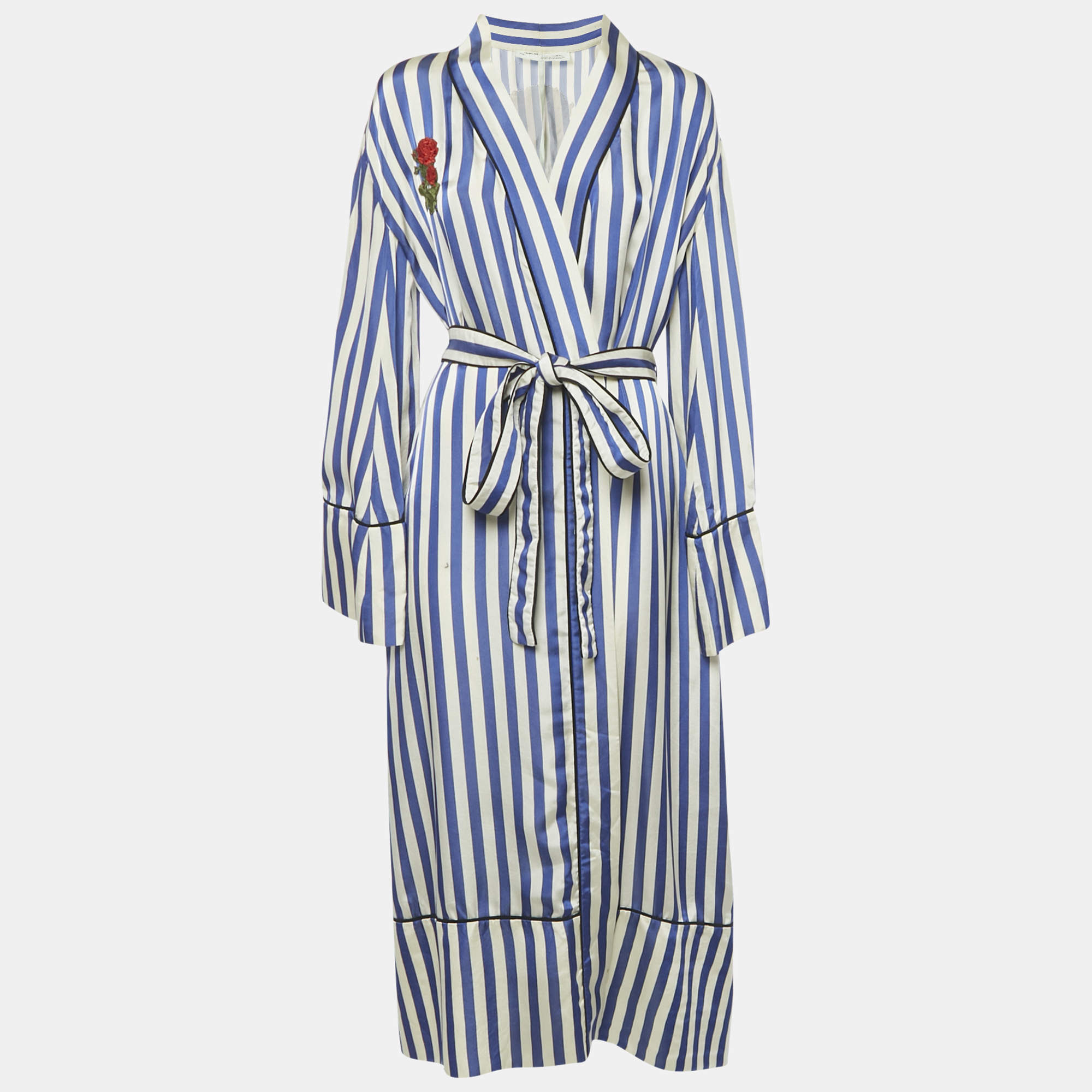 Pre Owned Off-White Blue/White Striped Satin Rose Applique Robe S