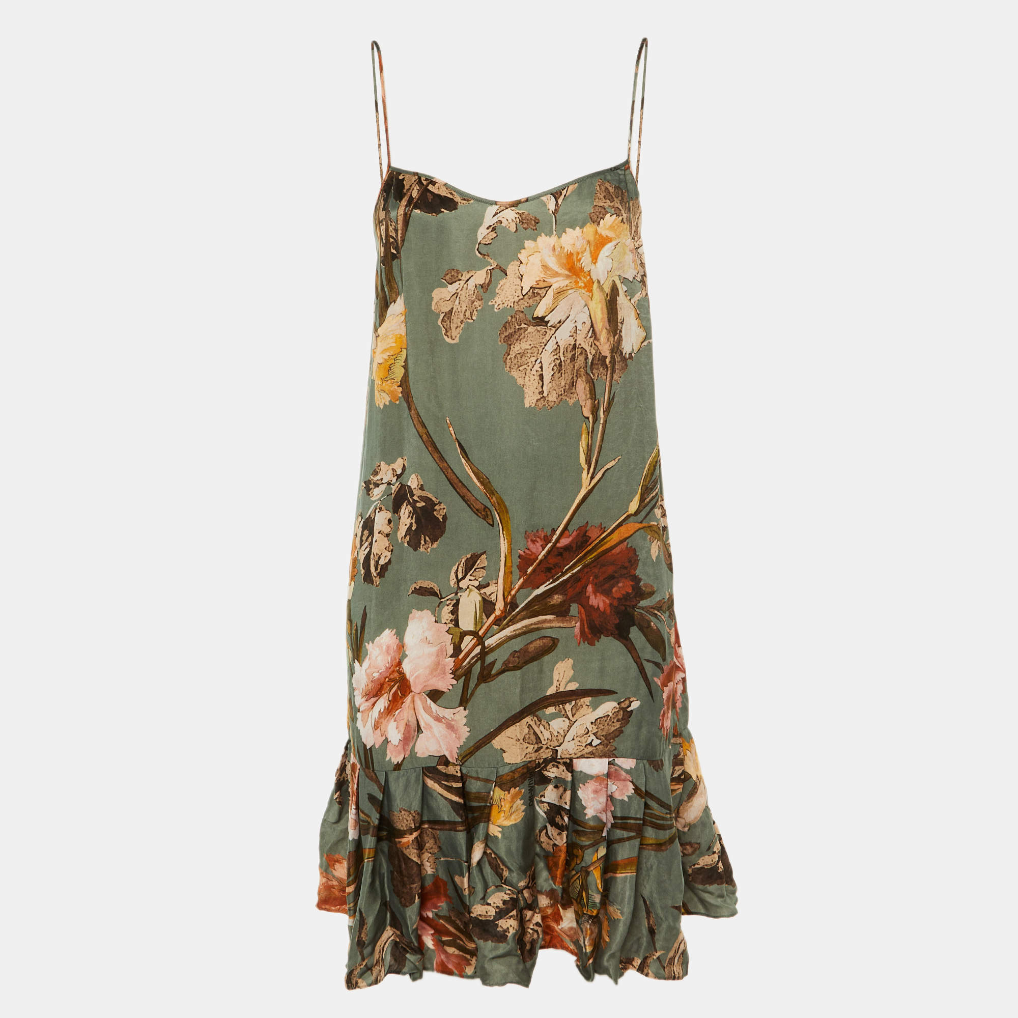 Pre Owned Off-White Green Floral Print Satin Flounced Slip Dress M
