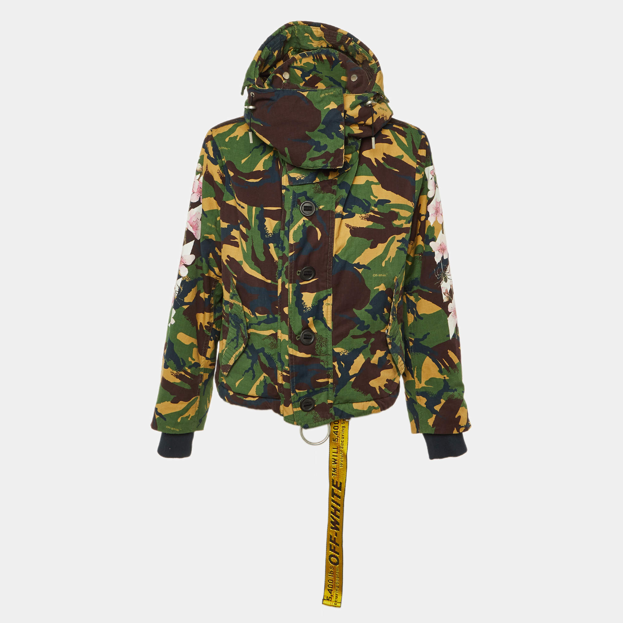 Pre Owned Off-White Green Camo Cherry Blossom Cotton Hooded Jacket S